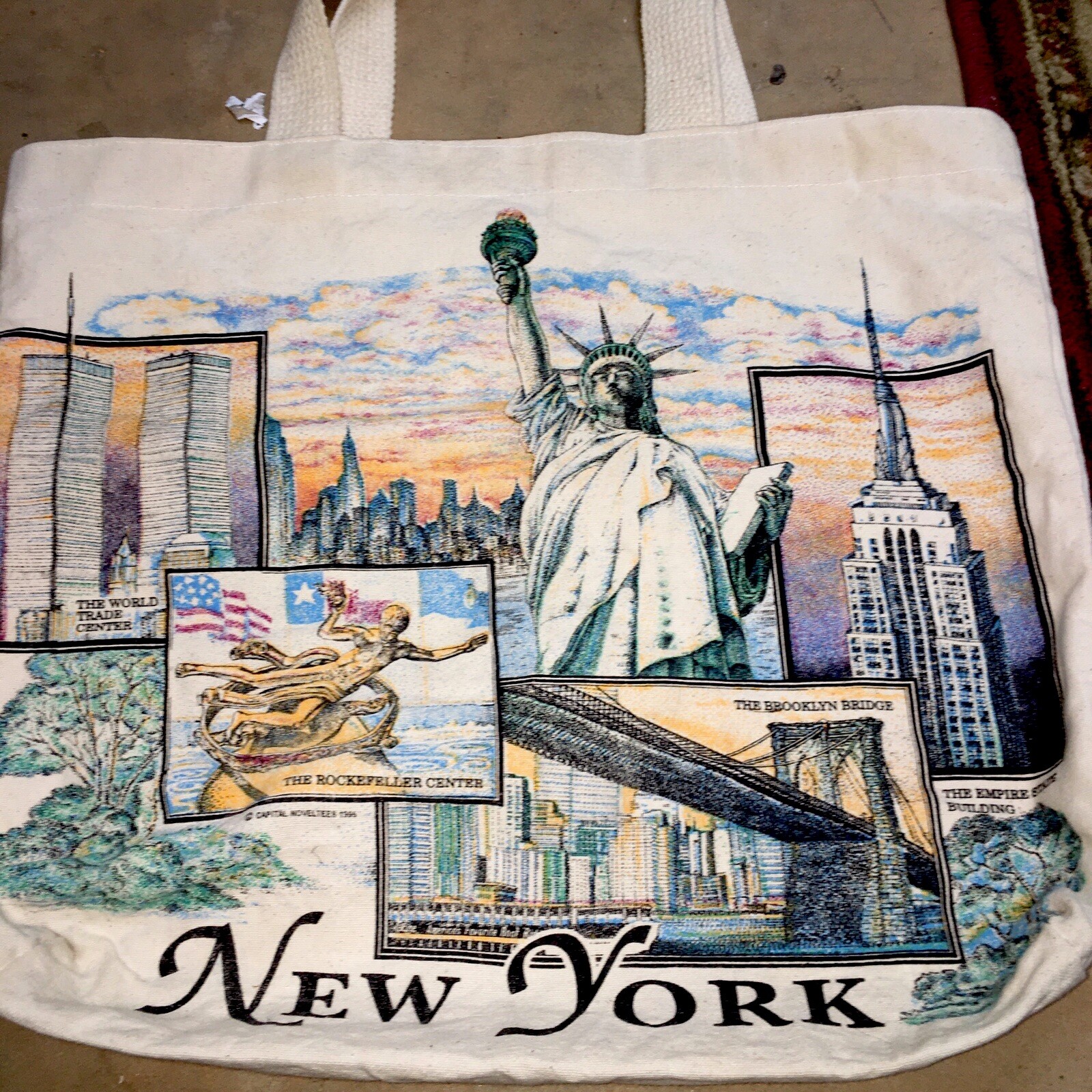 VTG Graphic New York Iconic Sites Twin Towers Statute of Liberty Canvas Tote Bag