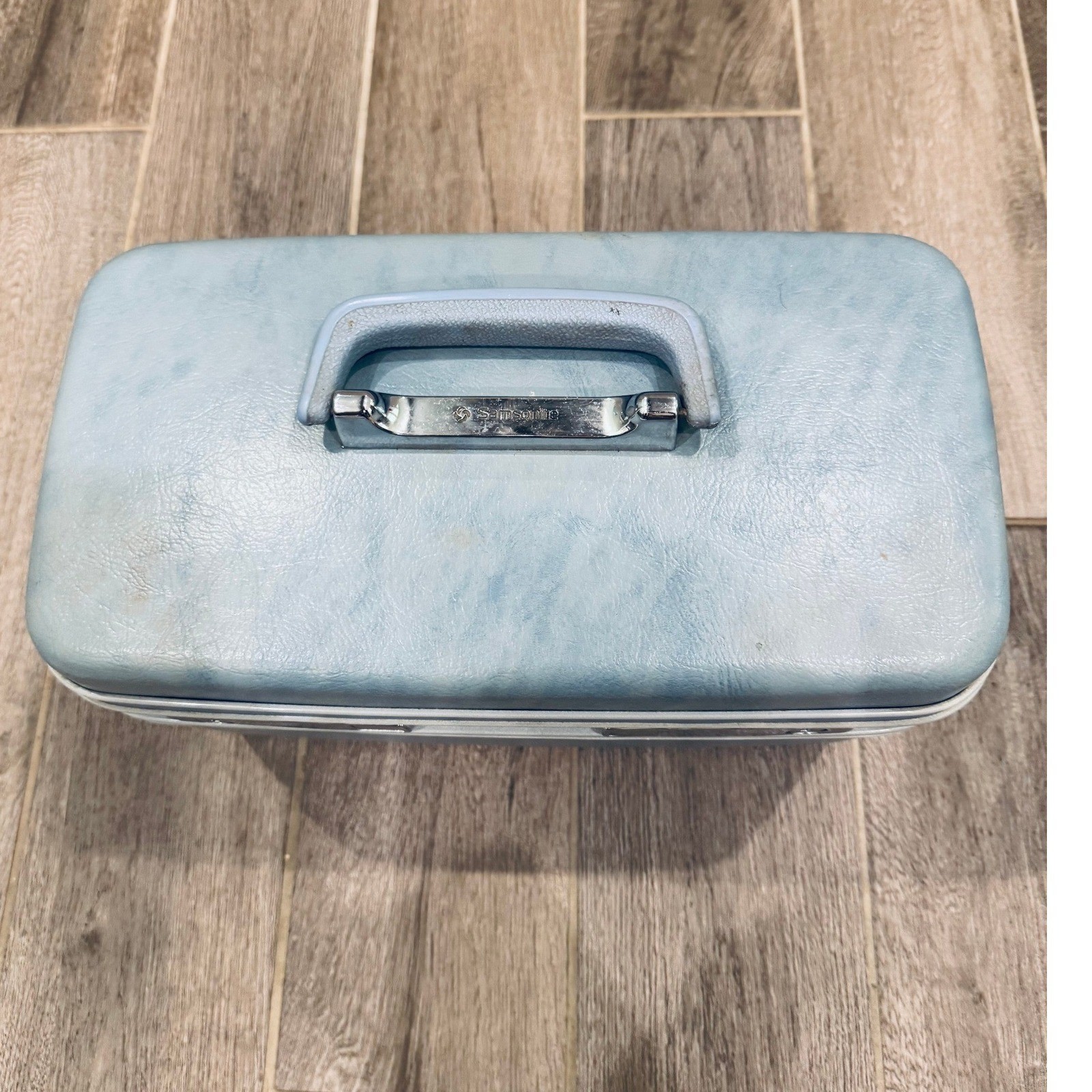 Vintage Samsonite Profile Blue Train Case Cosmetic Makeup Case Retro Mirror Tray