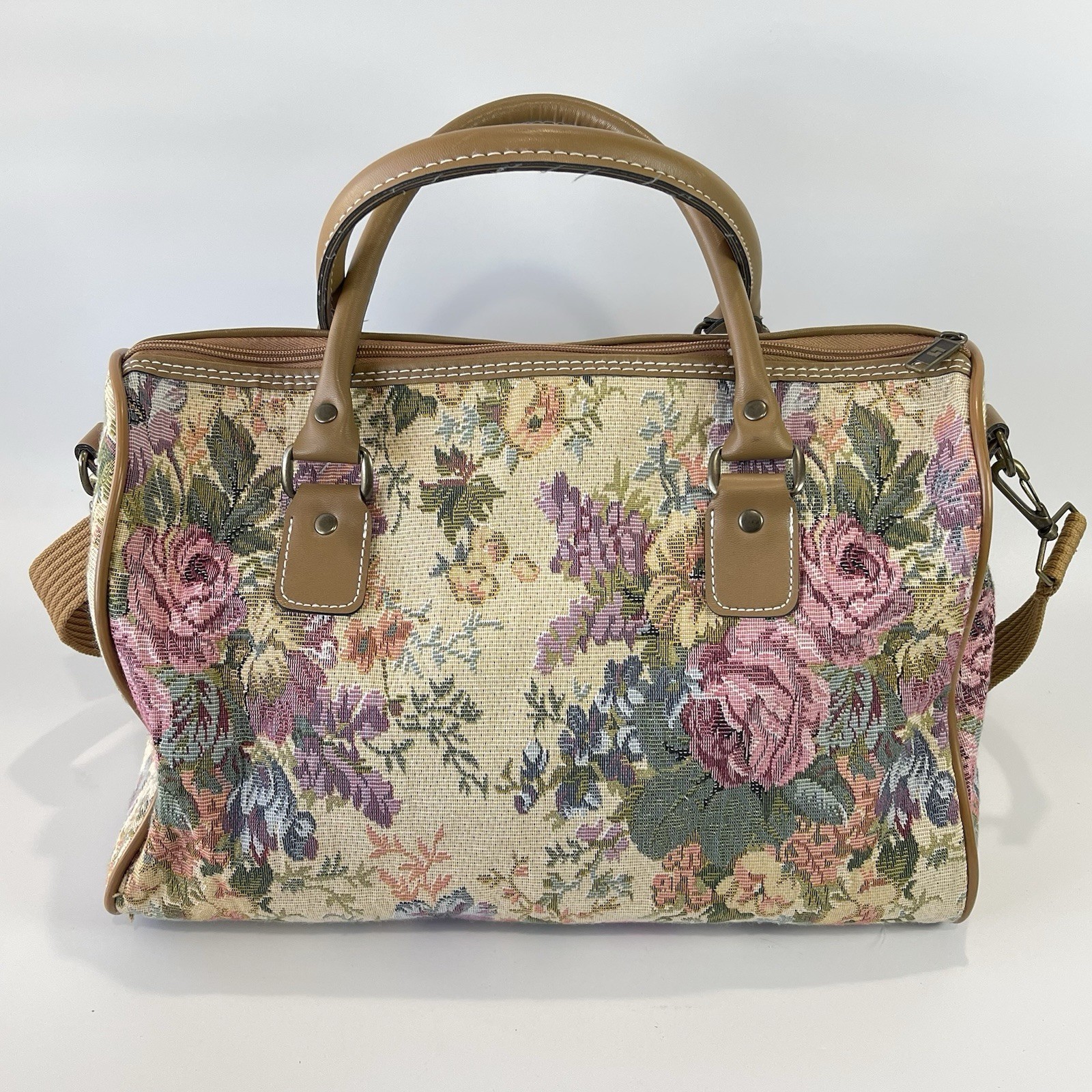 Vintage 80s Leisure Luggage Tapestry Floral & Tan Faux Leather Trim Duffle Bag