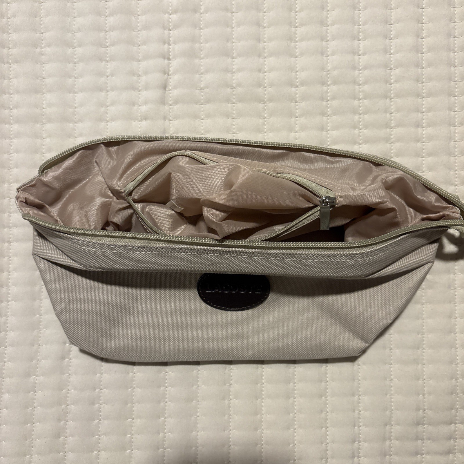 Lacoste Toiletry Cosmetics Bag Full Zip Tan Beige inner zipper/pocket