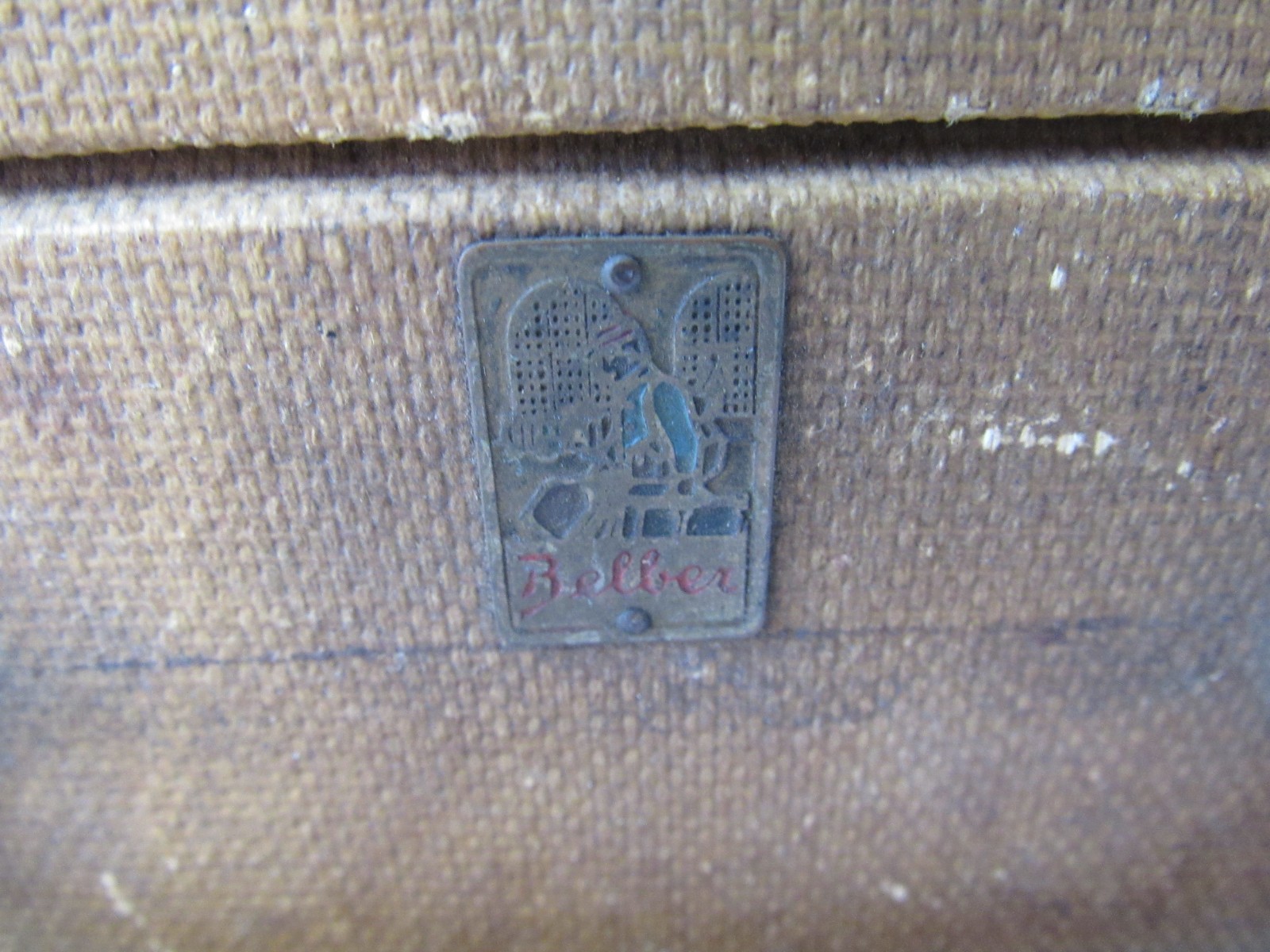 A Vintage Balber Striped Suitcase-Brass Fasteners-Leather Trim & Handle-1930-50s