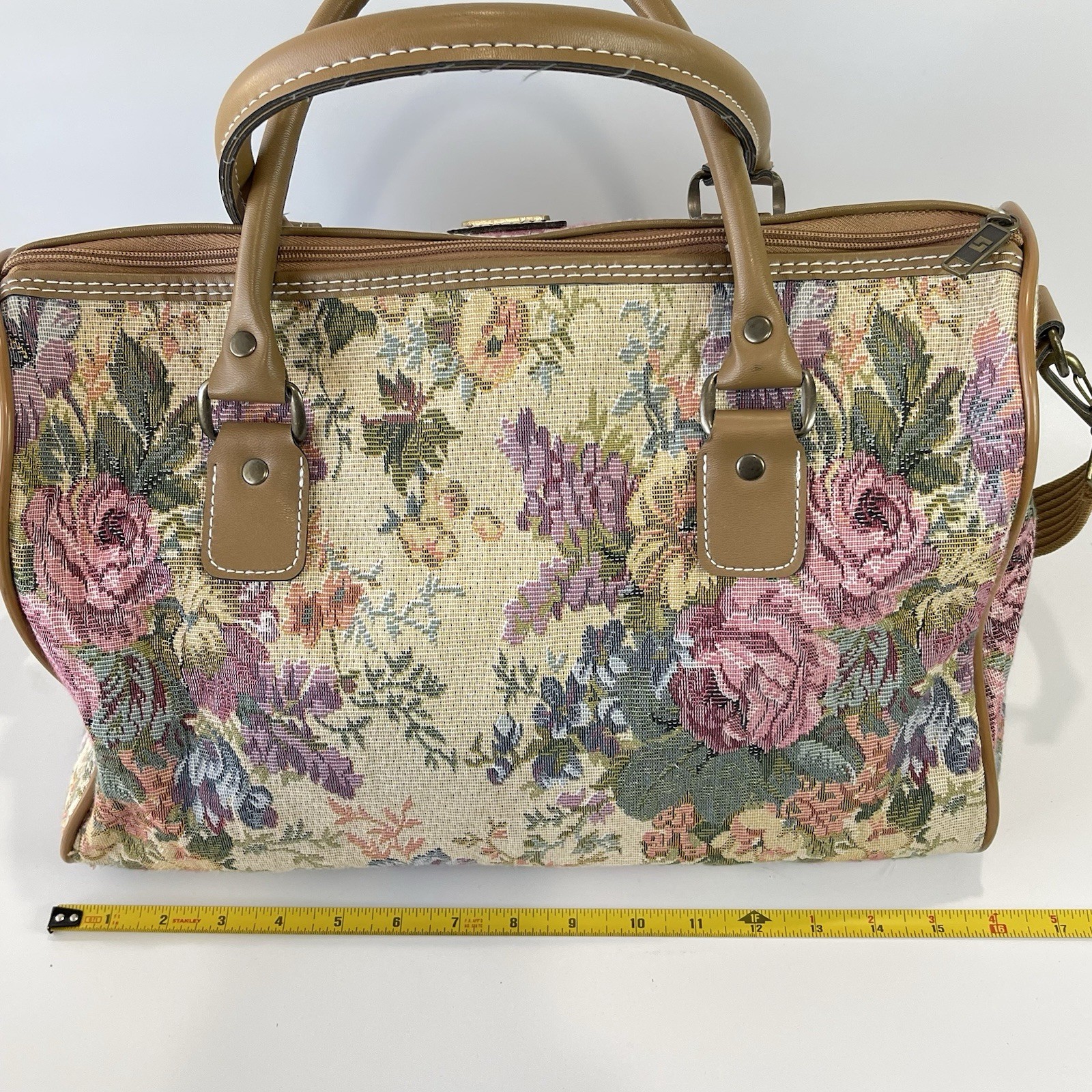 Vintage 80s Leisure Luggage Tapestry Floral & Tan Faux Leather Trim Duffle Bag
