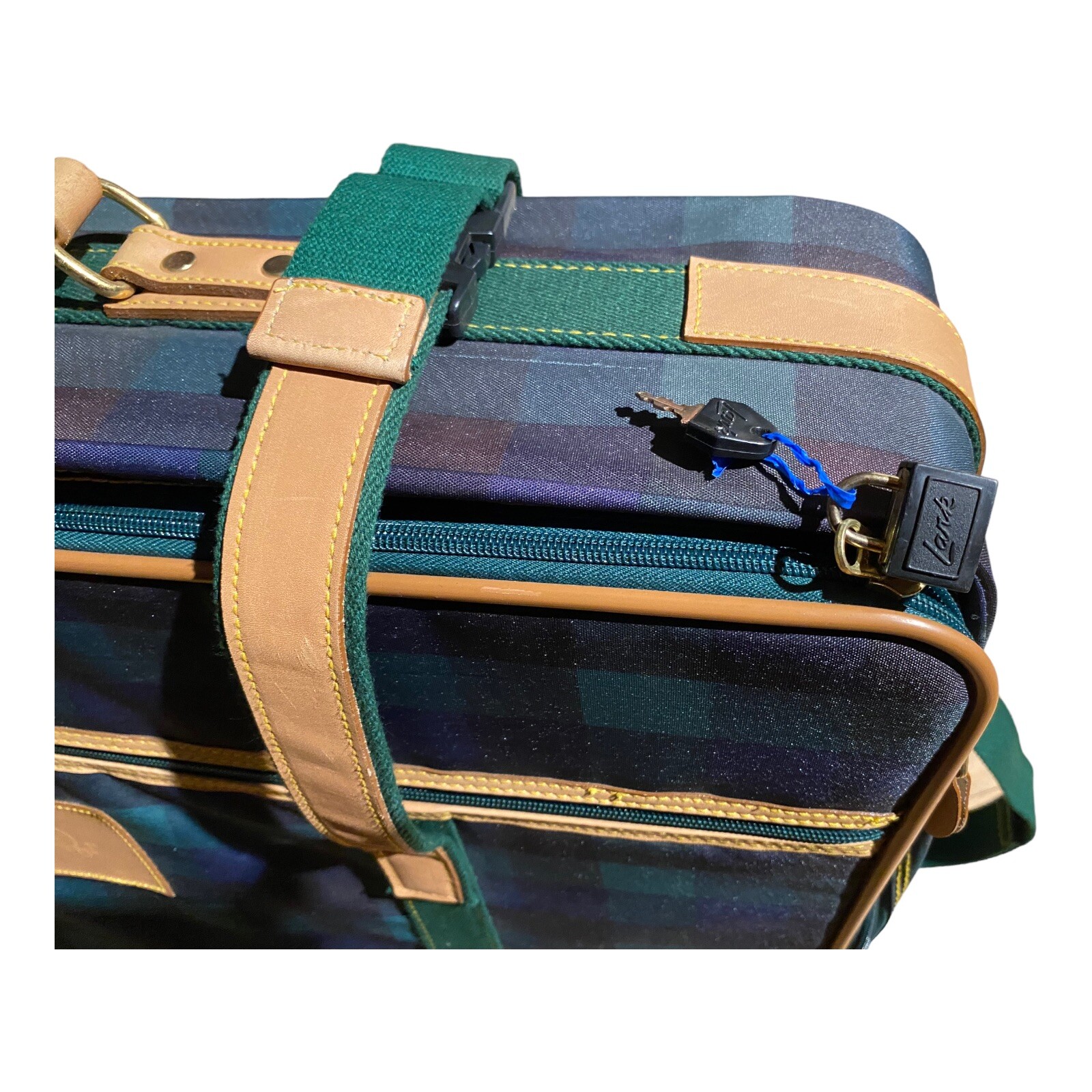 VTG Dior Travel Luggage Rolling Suitcase Plaid Green and Blue Lock & Key