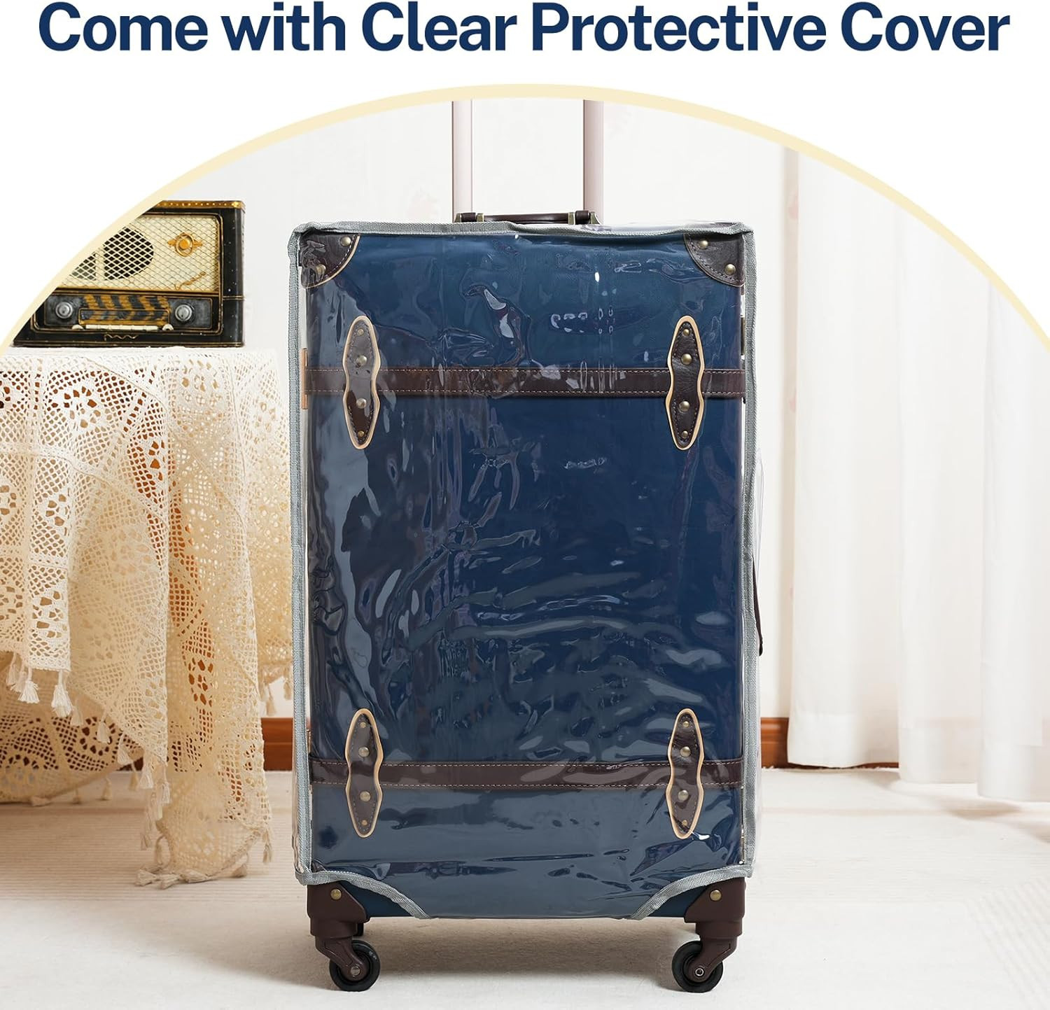 26″ Vintage Luggage Set, 2 Piece Navy Blue Retro Checked Suitcase with Cosmetic
