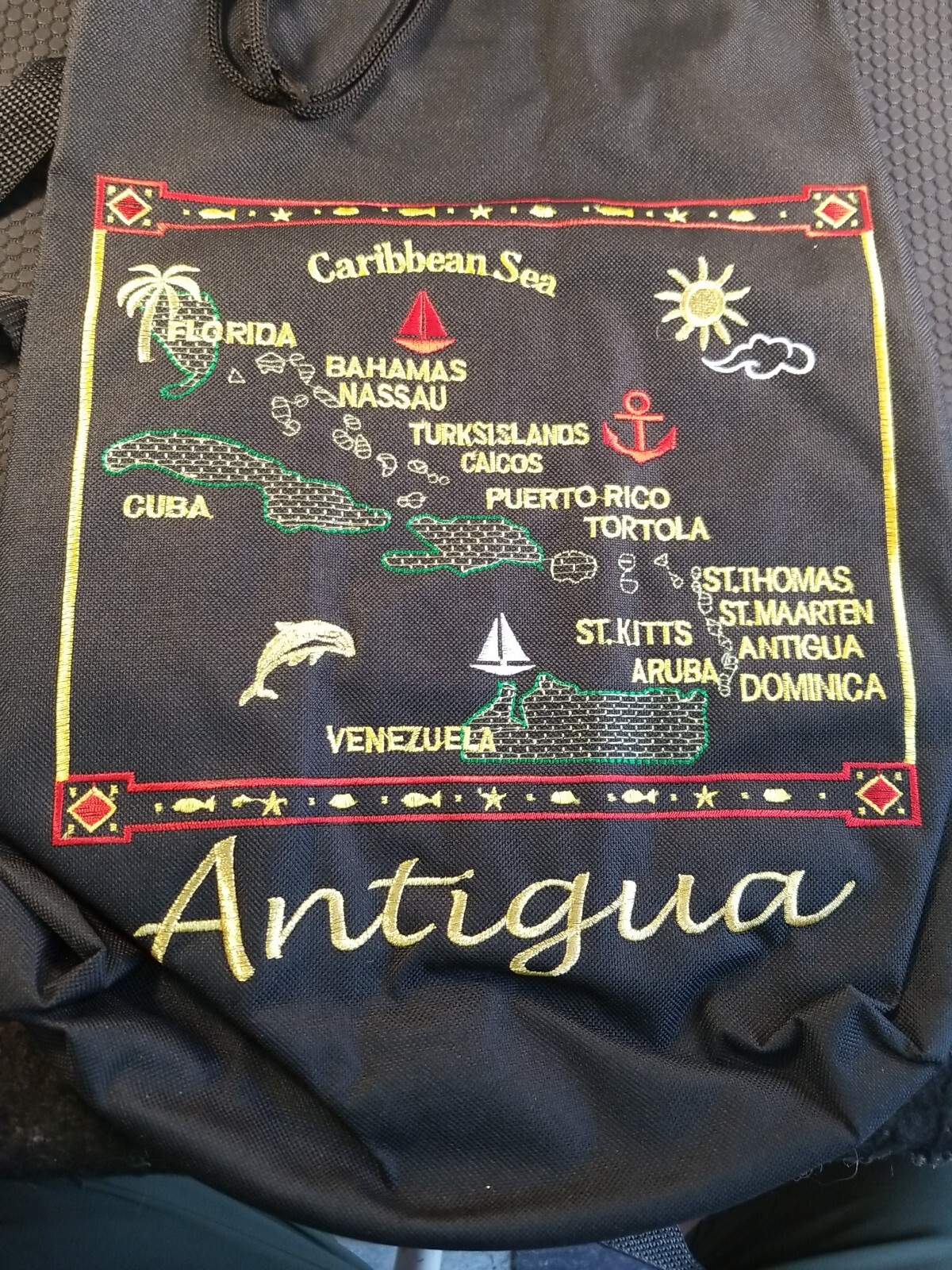 Enbroidered Antigua Bucket Backpack Tourist Bag with Straps Drawstring Closure