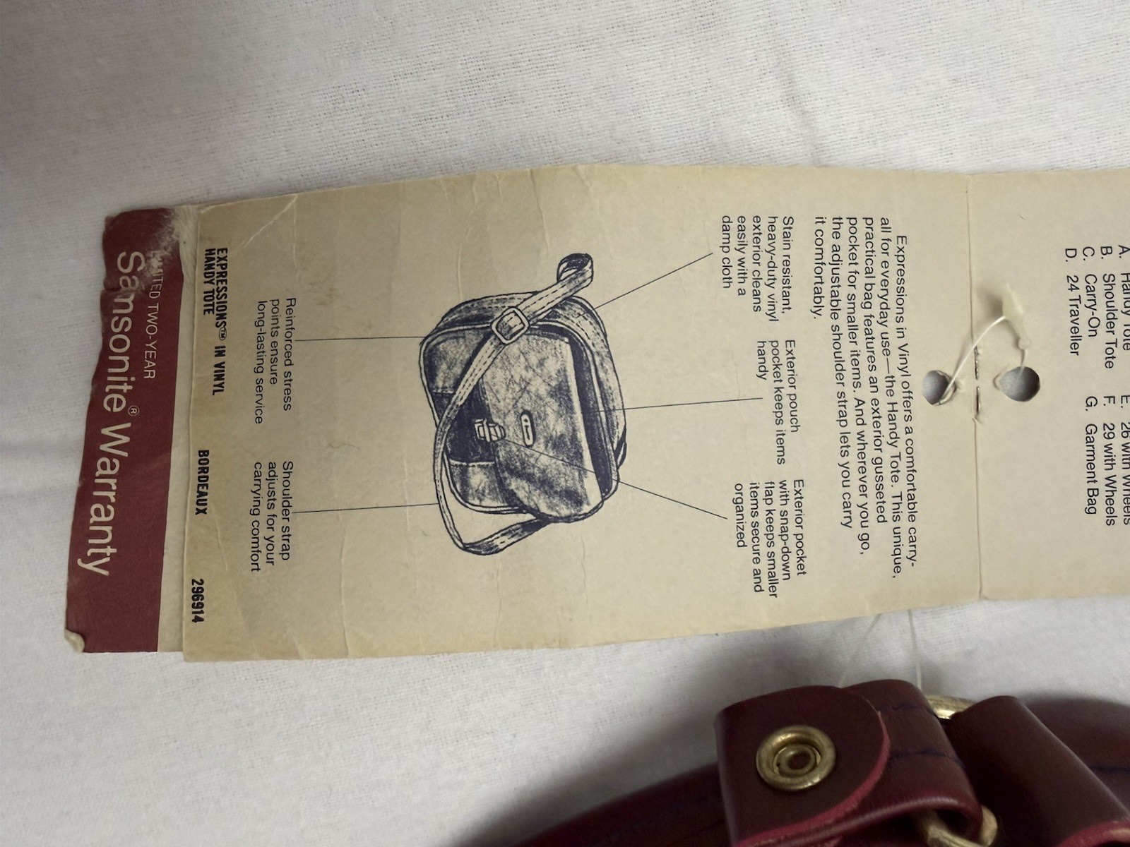 Vintage Samsonite The Survivor Bordeaux Vinyl Zipper Handy Tote Adjust Strap NWT