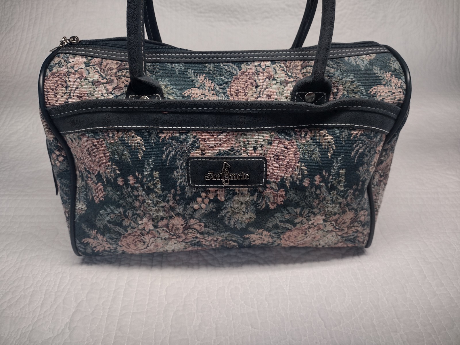 Vintage Atlantic Luggage Floral Tapestry Carry On Travel Bag Green Pink Roses