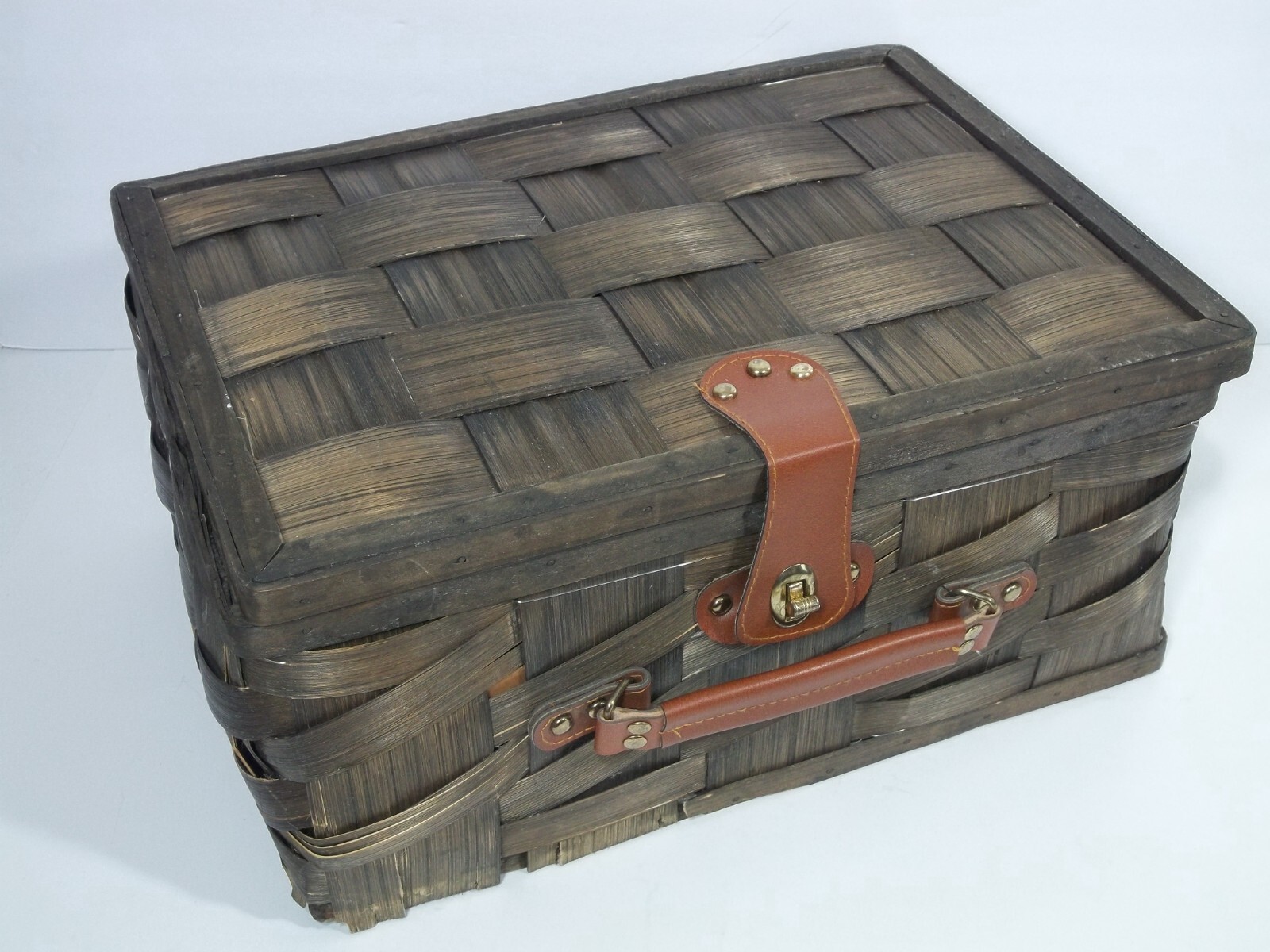 Wide Split Bamboo Suitcase Overnight Bag Carry On Leather Handle & Closure Strap