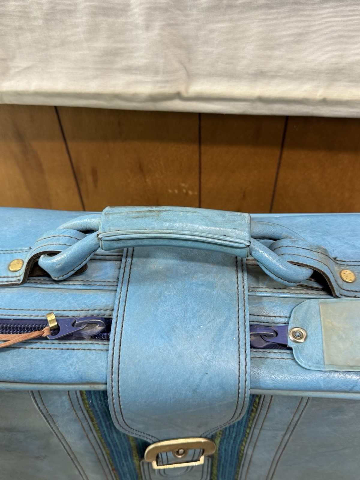 VTG 70s Blue Marbled Suitcase Retro PVC Vinyl Luggage Strap Buckle Taiwan Scuffs