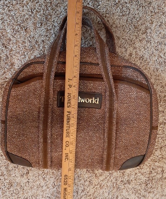 Vintage 1960s Travel World Brown Tweed Travel Duffel Bag Luggage Medium Size