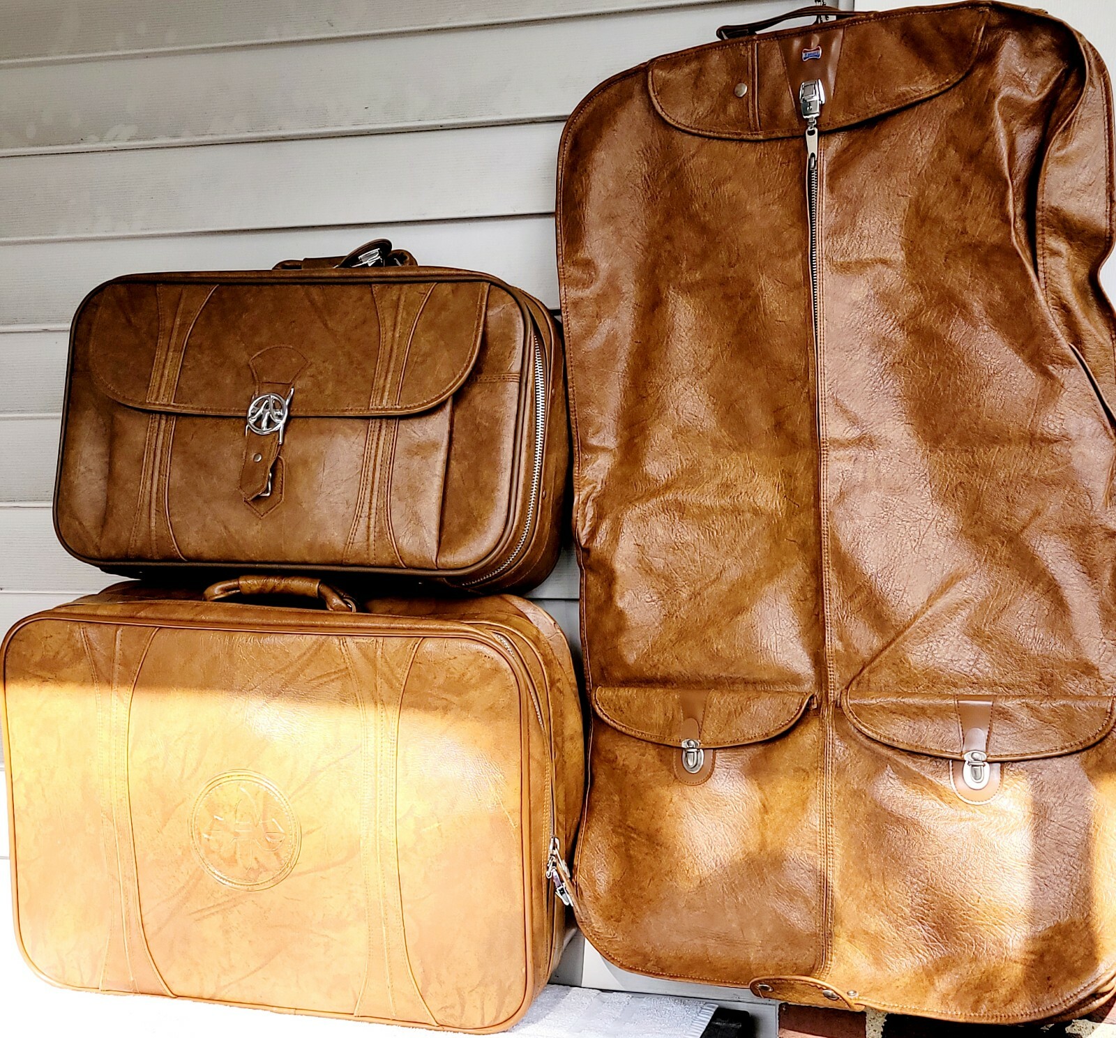 1970s Vintage Faux Leather Luggage Softshell Suitcases Garment Bag Marbled Vinyl