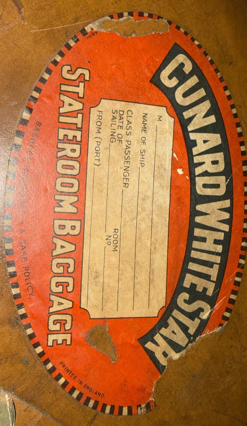 Antique Leather Suitcase With Cunard White Star Stateroom Baggage Sticker