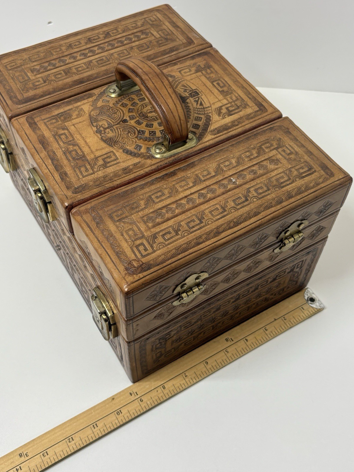 Vintage Tooled Leather Artmex Mexico Travel Overnight Vanity Train Case