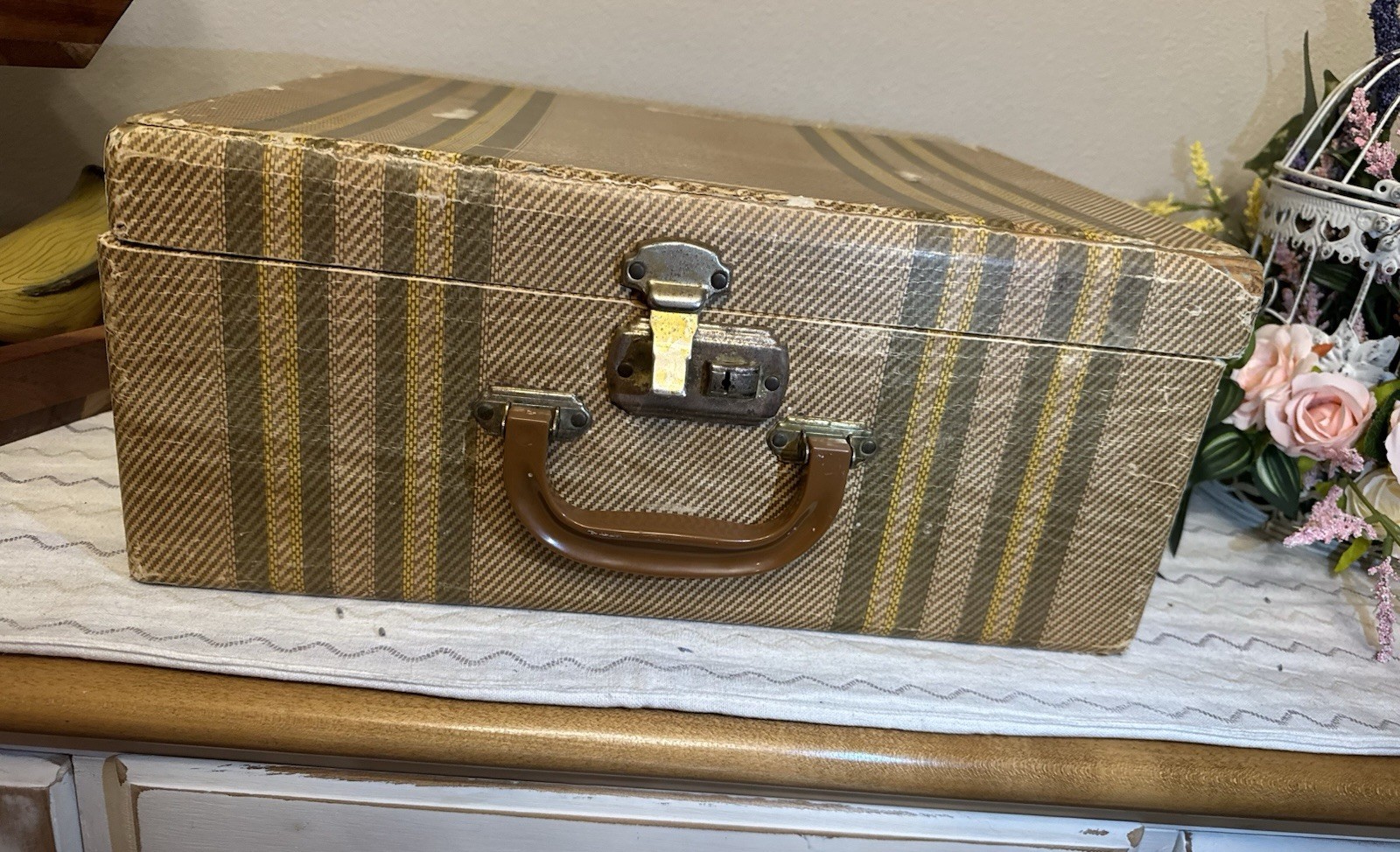 Suitcase Vintage Large Tweed Brown Stripe NO Key