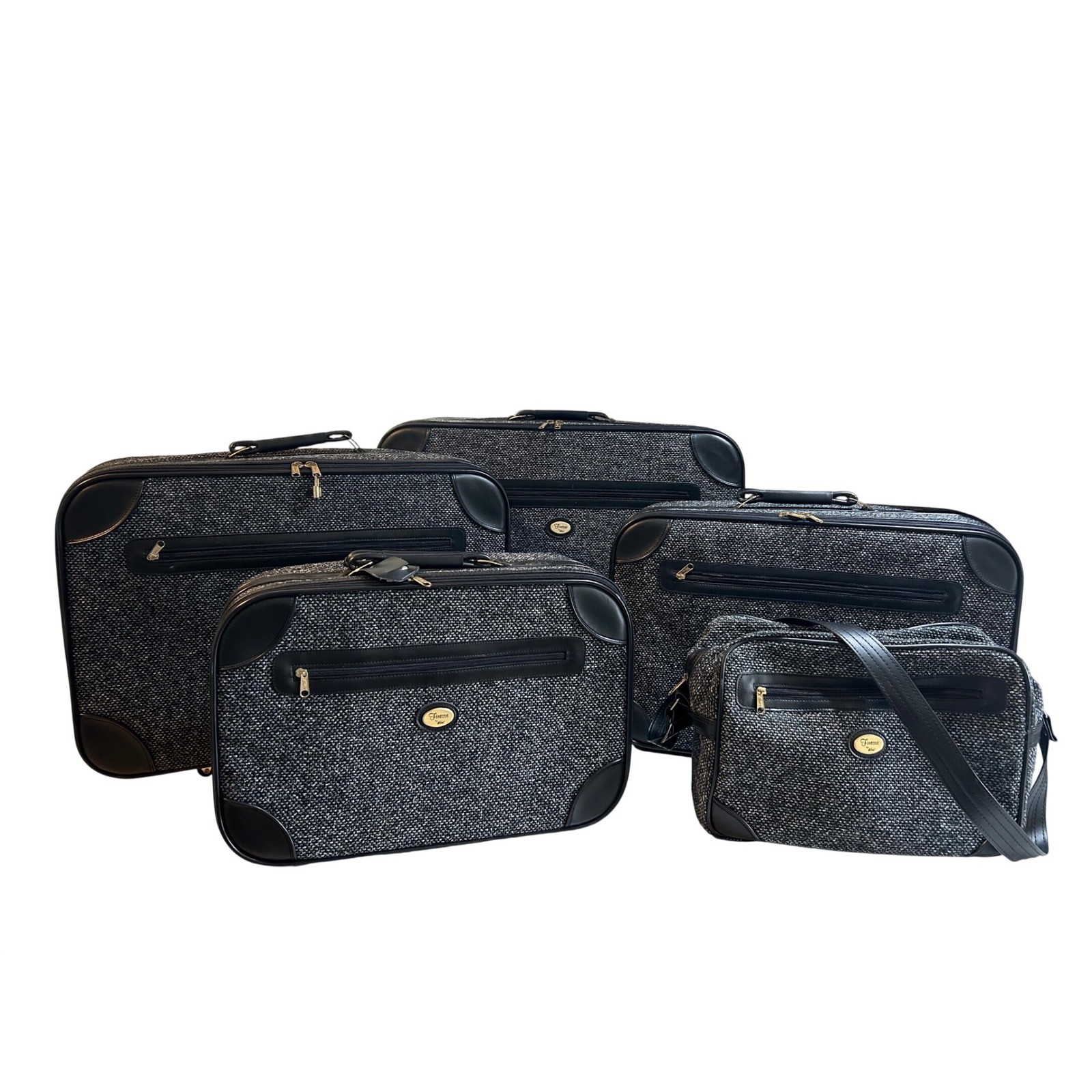 Vintage Finesse by Vitali 5 Piece Luggage Set Black White Tweed Travel Bags