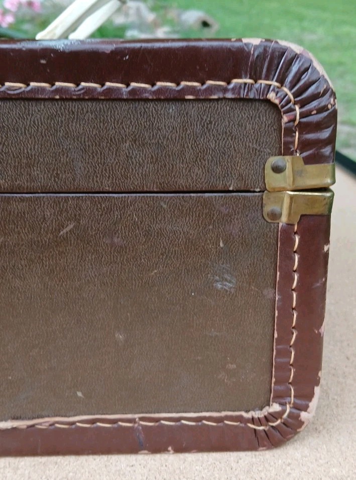 Canvas Covered Hard Brown Travel Train Case Leather Handle No Key Worn VtgDecor