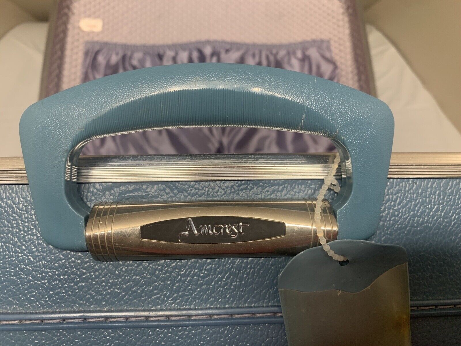 Vintage AMCREST Blue Luggage Hard Shell Train Lined Travel Suitcase Bag W/keys