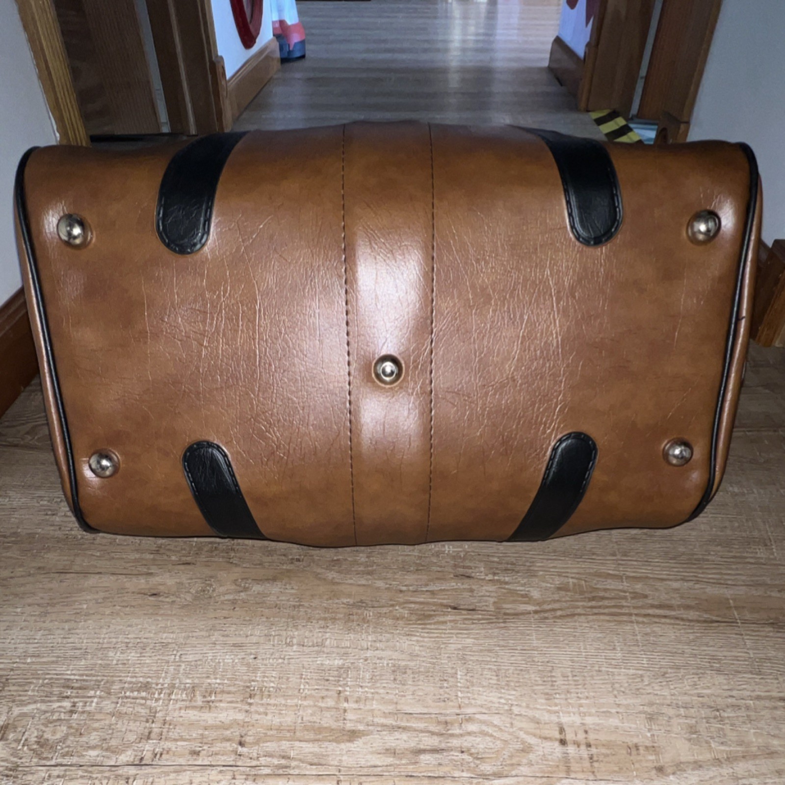 Atlantic Brown & Black Faux Leather Duffle Holdall 1980s Locking Compartment