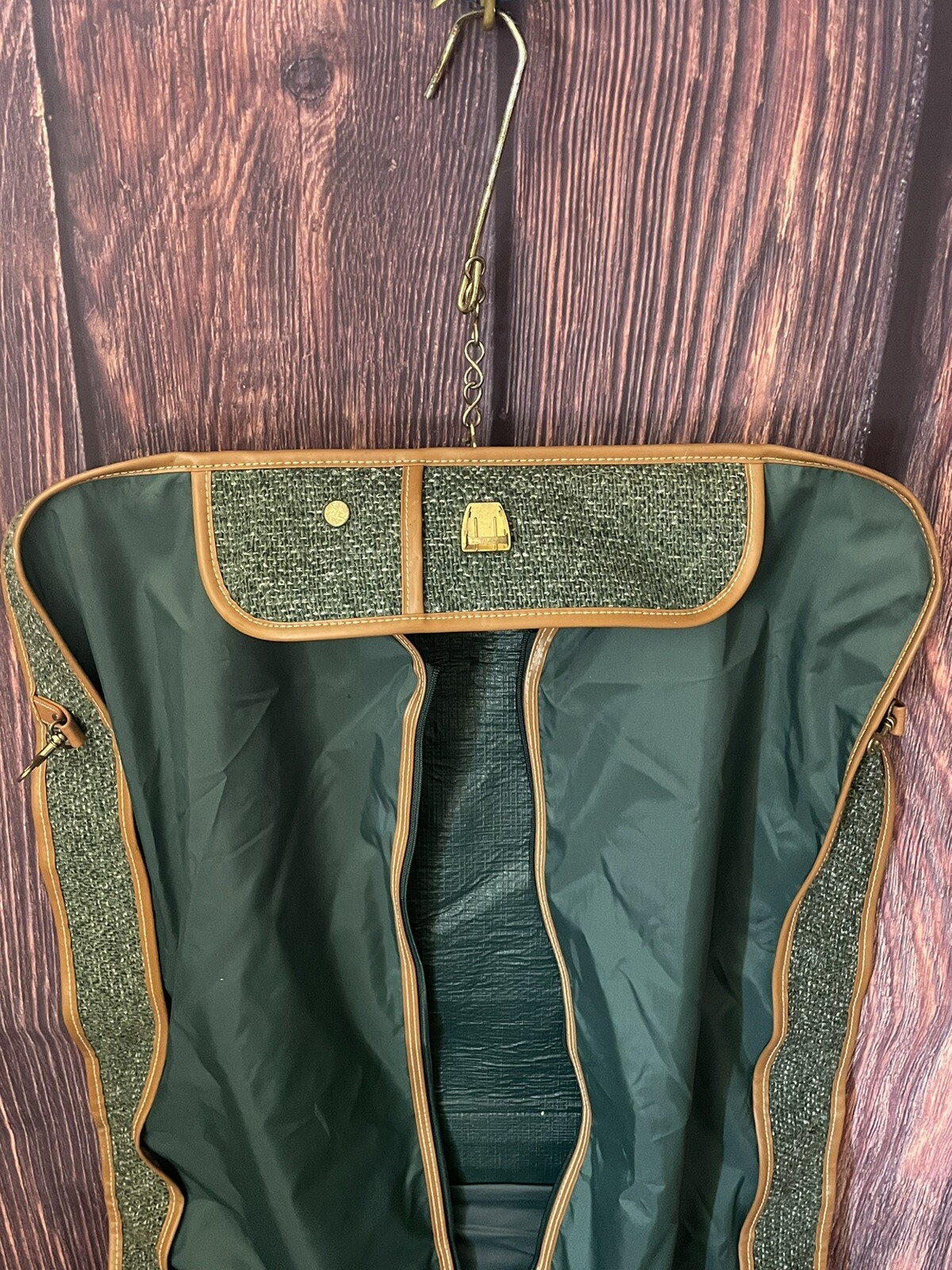 Vintage Oscar De La Renta Tan & Green Tweed Folding Garment Bag Designer Luggage