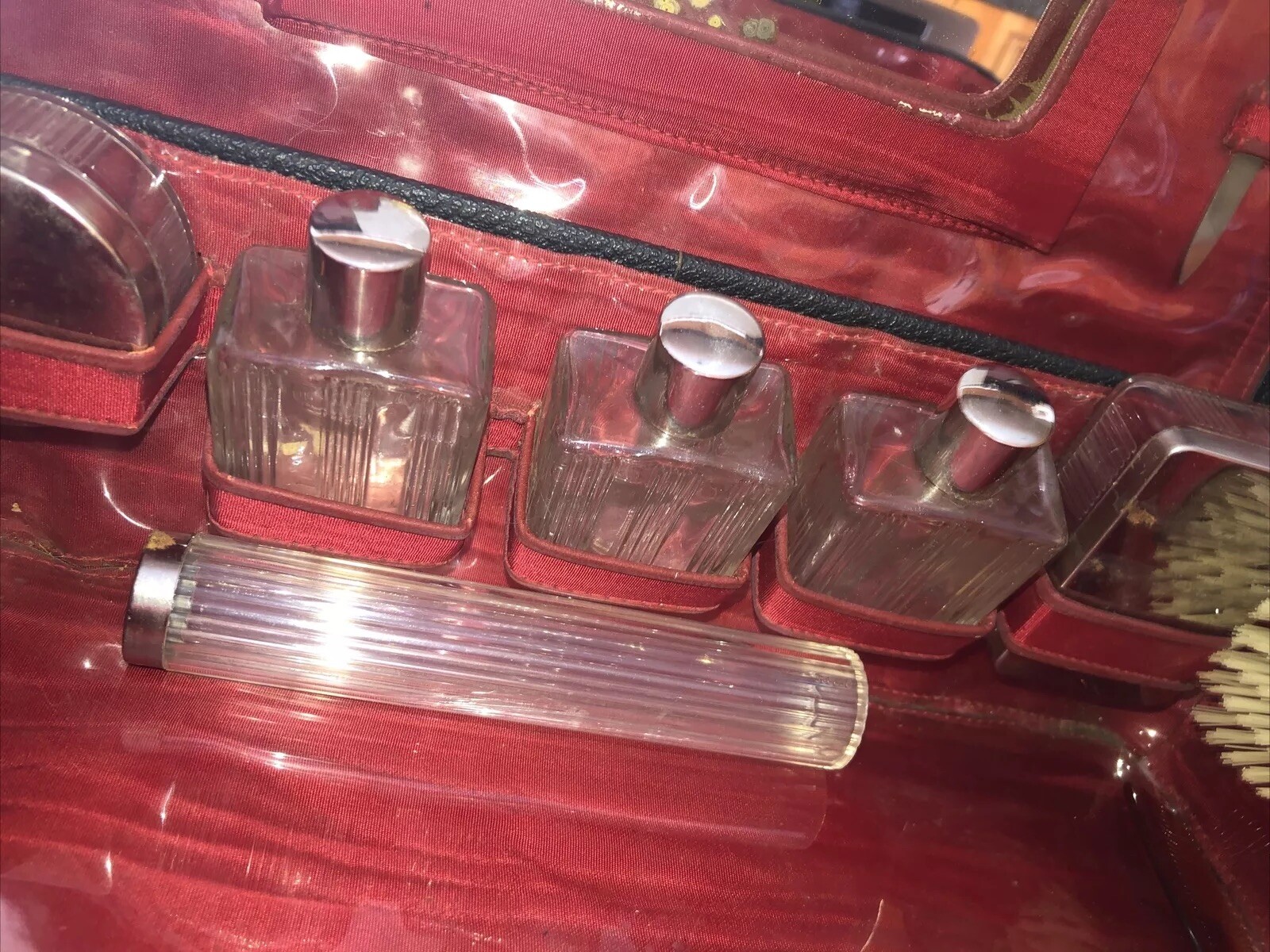 Vintage Hard Makeup Case- Red Plastic Lined Inside, Glass Bottles, Jar Plastic-