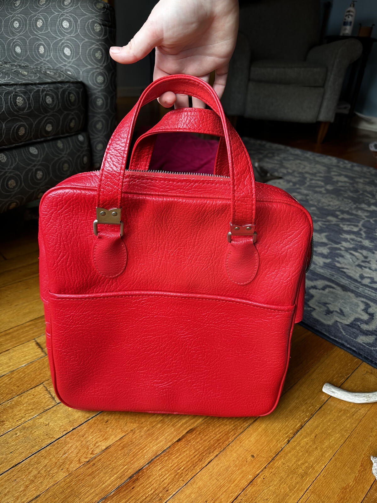 Vintage Sears Women’s Travel Bag Red Leather Double Handles Lined Zipper Closure