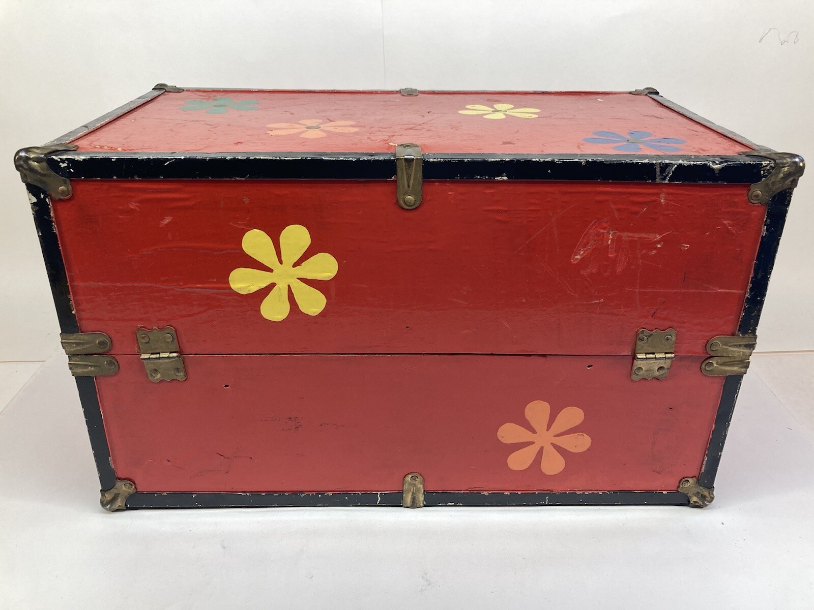 Wood Chest Suitcase Red With Flowers Metal Trim 18”x10.5”x10.5” Vintage