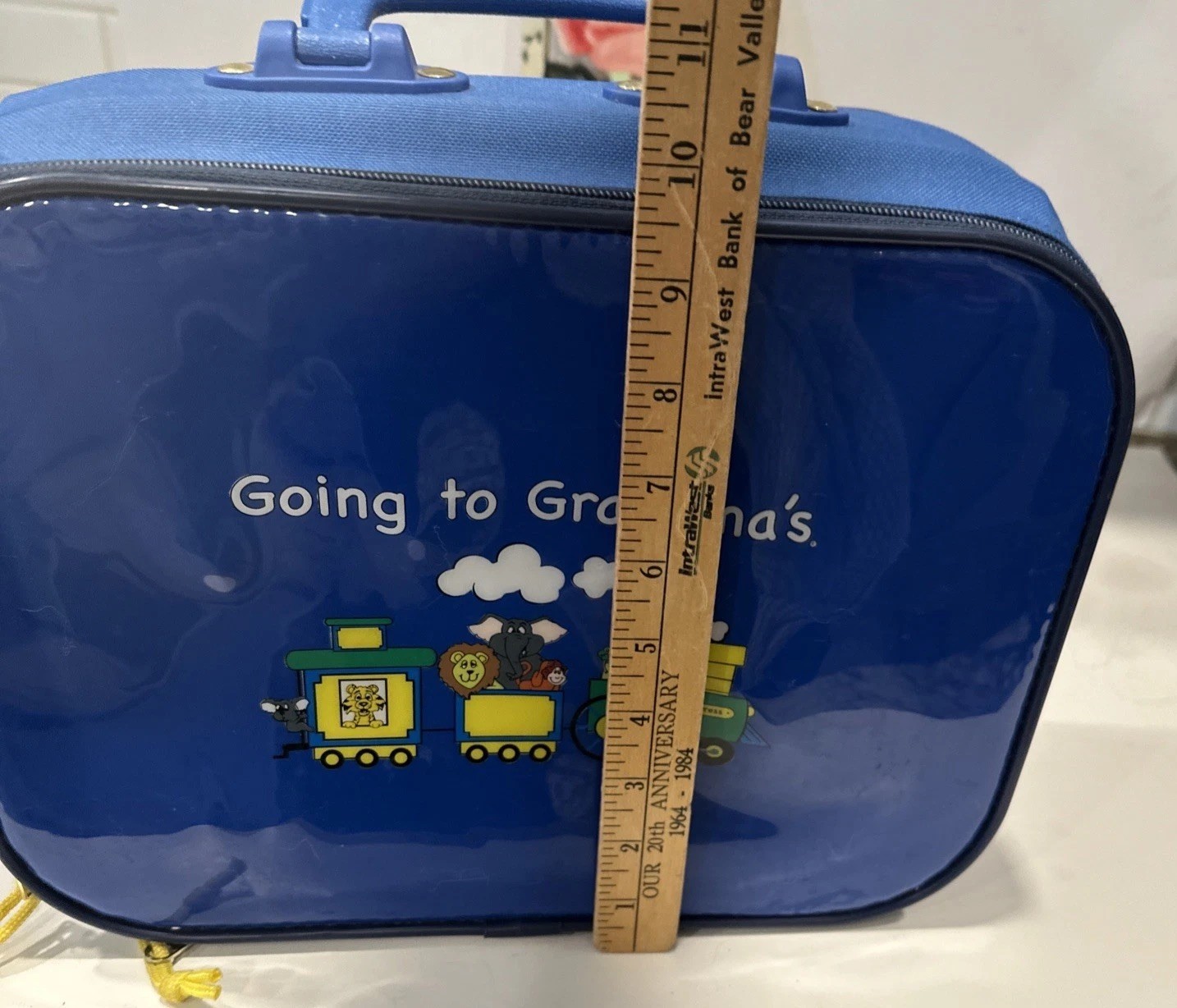 VTG Blue Going to Grandmas Kids Suitcase Mercury Luggage Animal Circus Train SEE