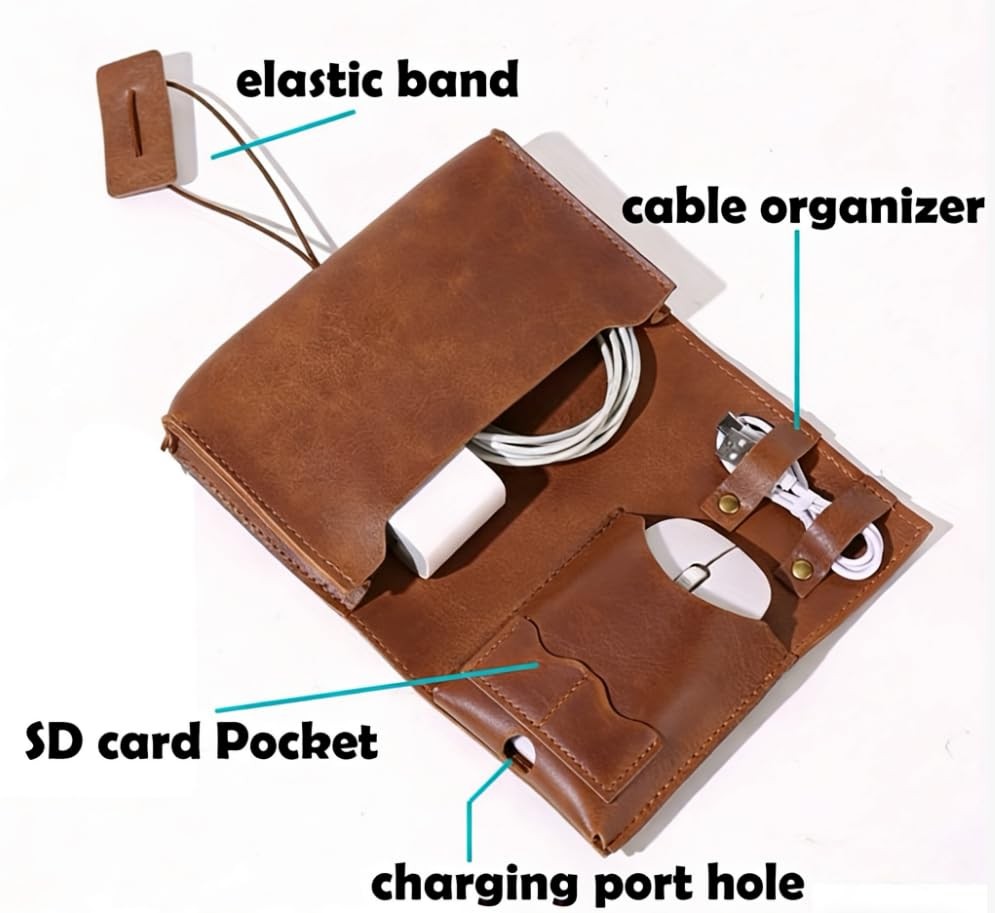 Vintage Leather Electronic Organizer Travel Case, Cord brown with cord clip