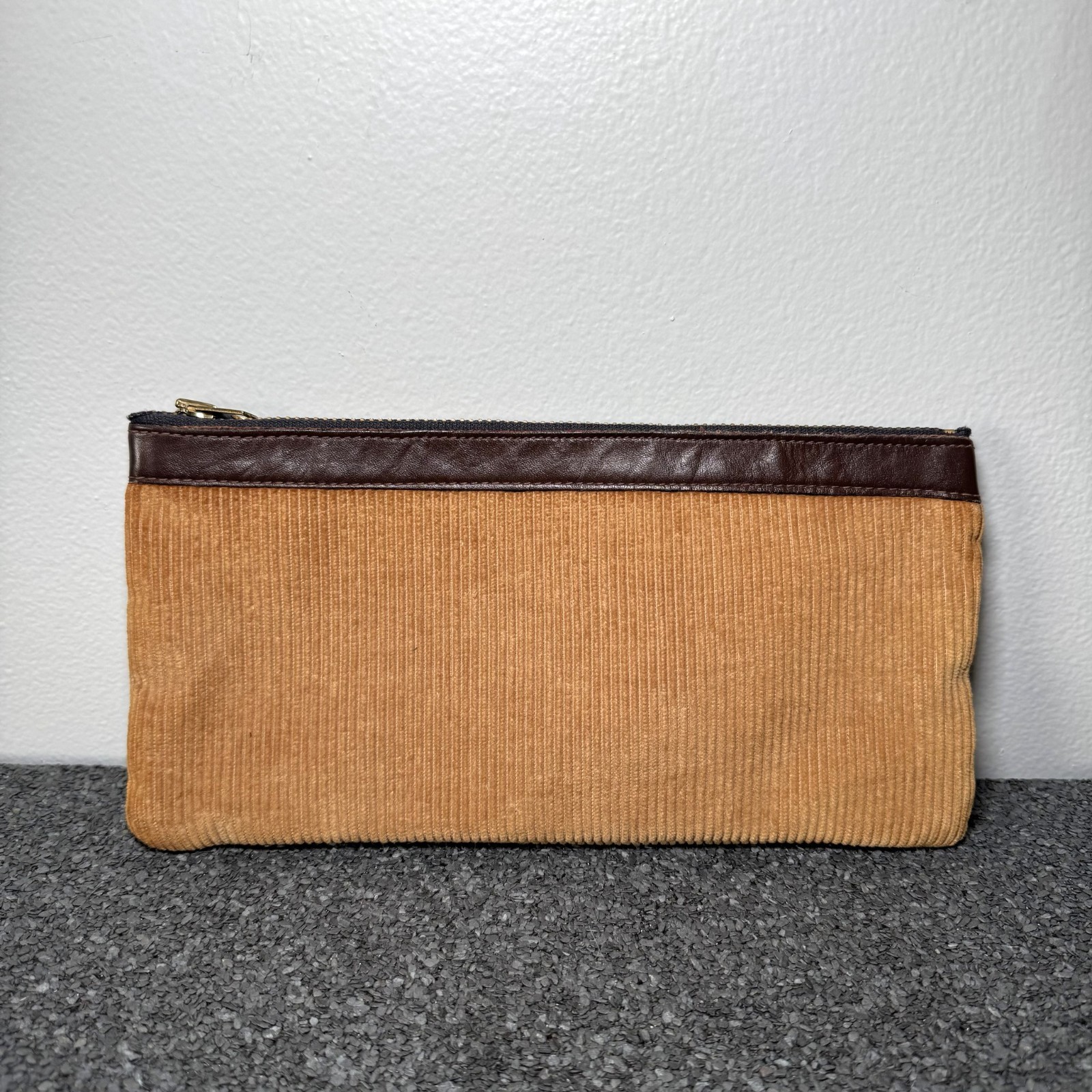 Vintage Corduroy Pouch Talon Zip Multi Travel Case Red Lining Leather Trim 70s