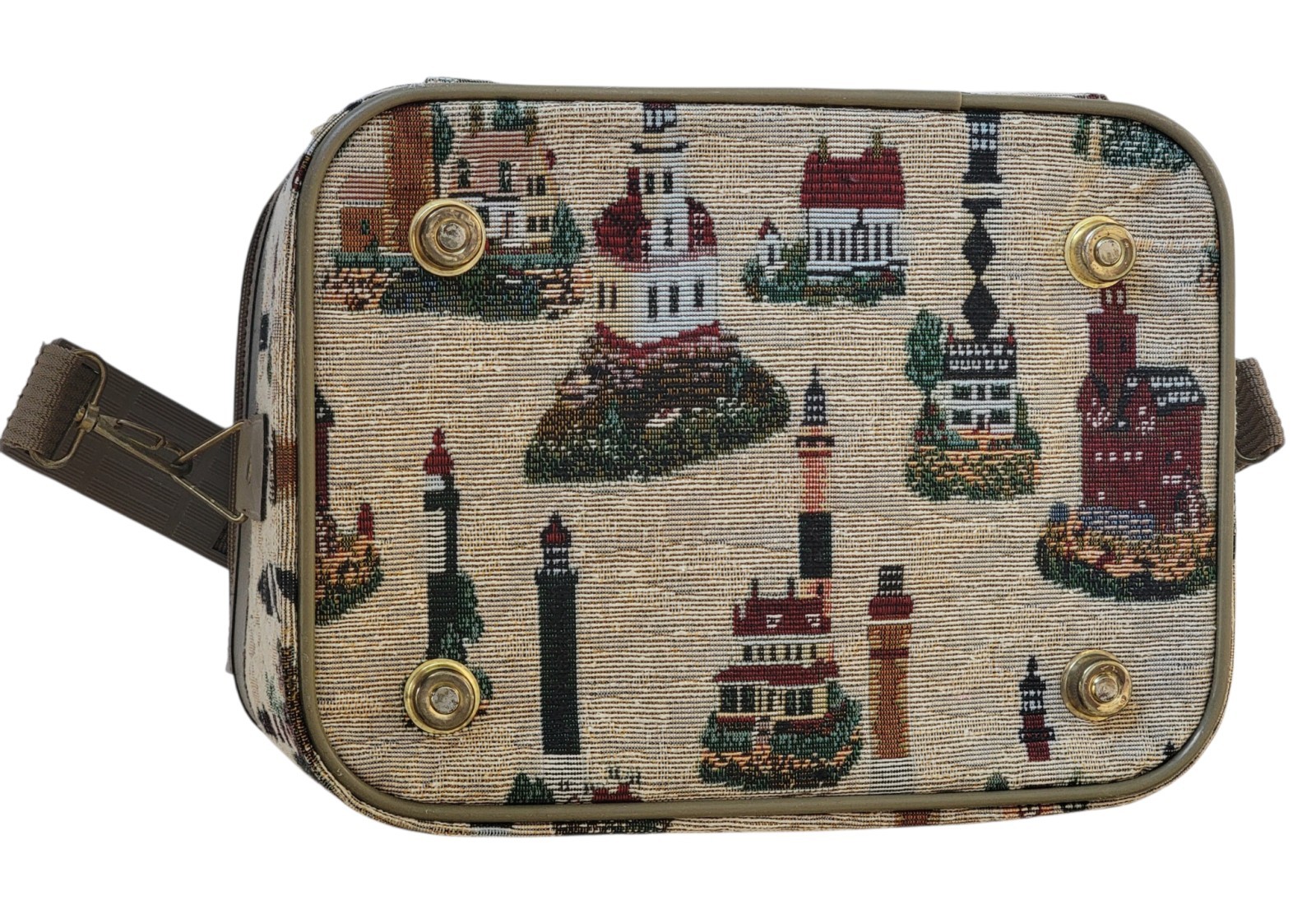 VTG Pioneer Express Toiletry Tapestry Case w/ Mirror Coastal Lighthouses Strap