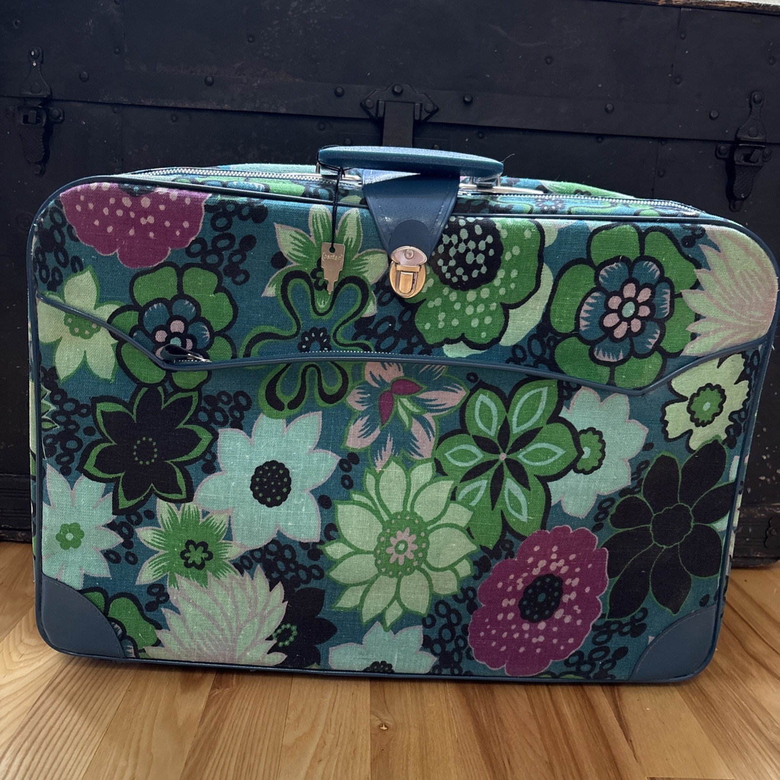 Vintage 1960s Floral Bantam Suitcase Blue Green Purple Canvas w/ Orig Key