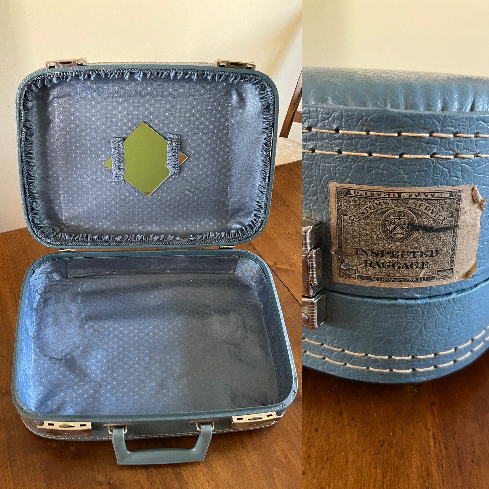 Vtg 16″ Blue Hard Suitcase Travel Carry On Make up Mirror Customs Sticker