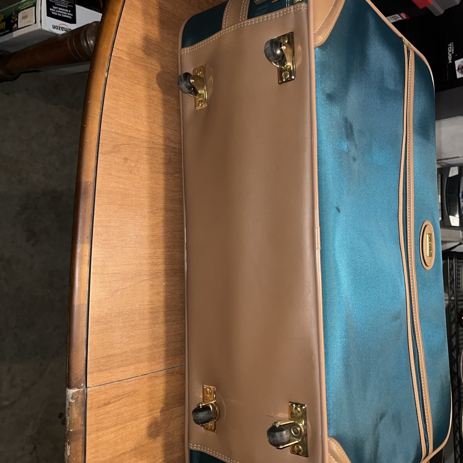 Vintage Jaguar Green With Brown Trim Suitcase 27 X 20 X 8 With Tag And Strap
