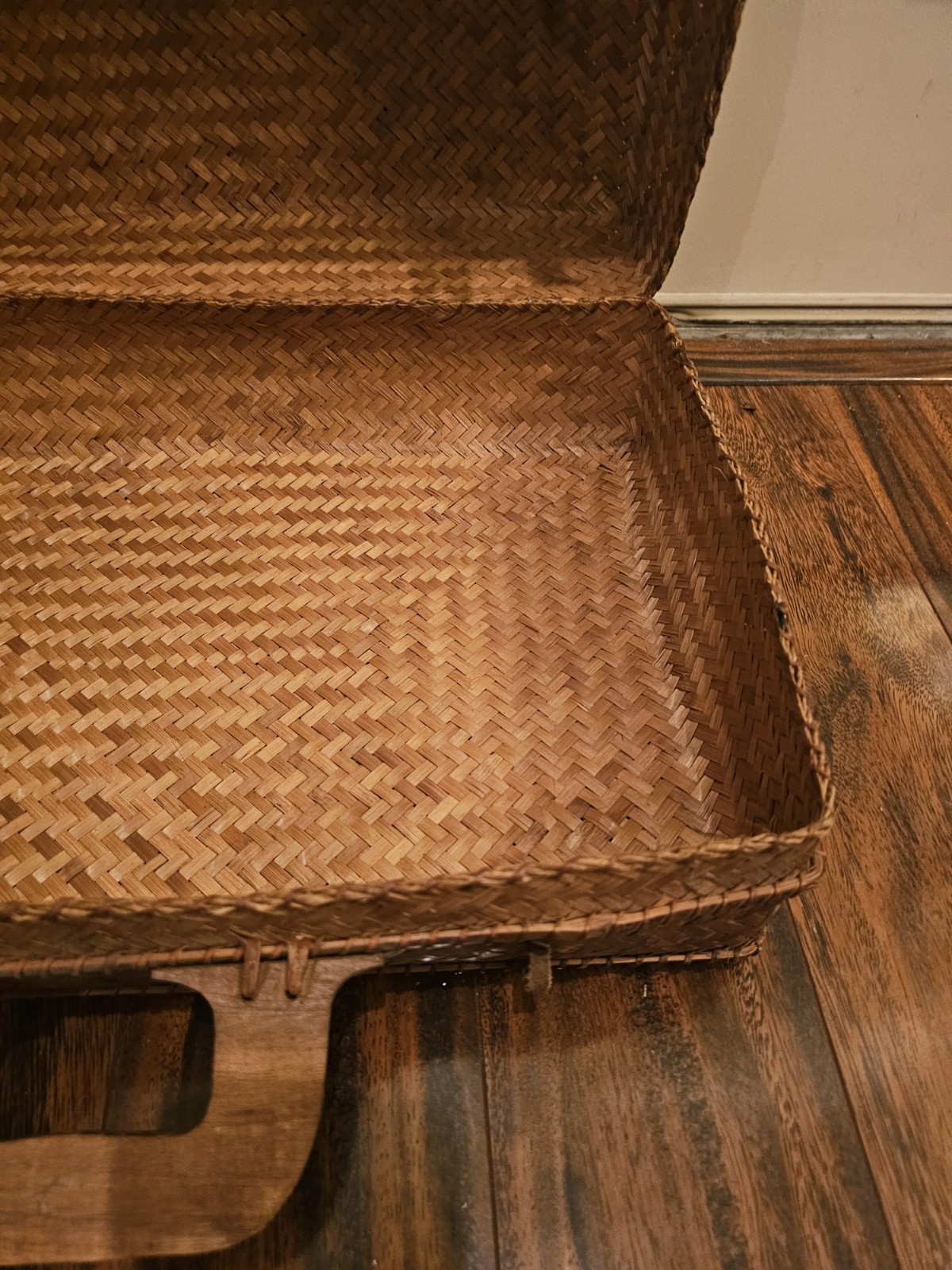 Antique Rattan Travel Case W/Leather & Animal Tooth Closure, Carved Wood Handles