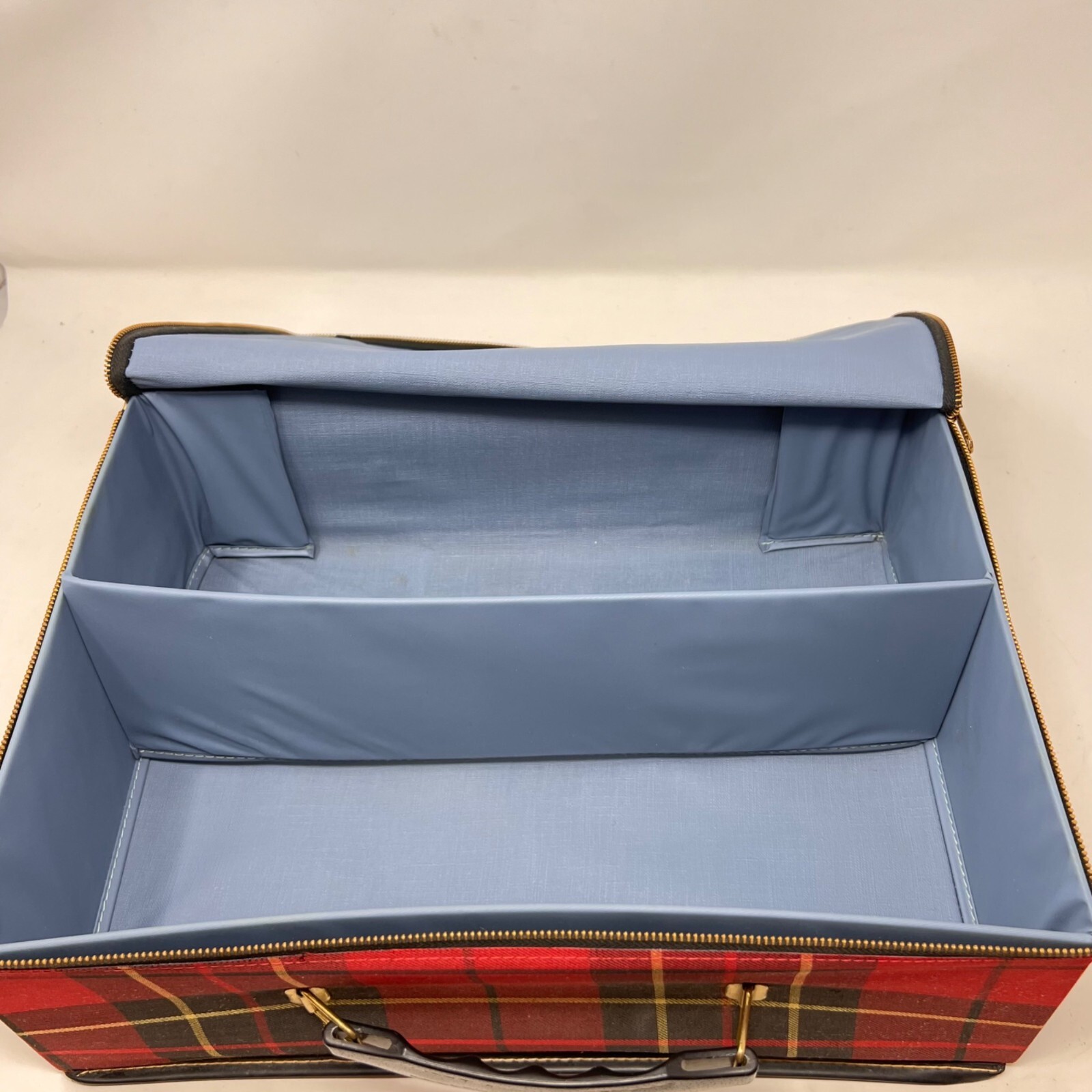 Vintage 1960’s Red Plaid Fabric Folding Collapsible Small Lightweight Suitcase
