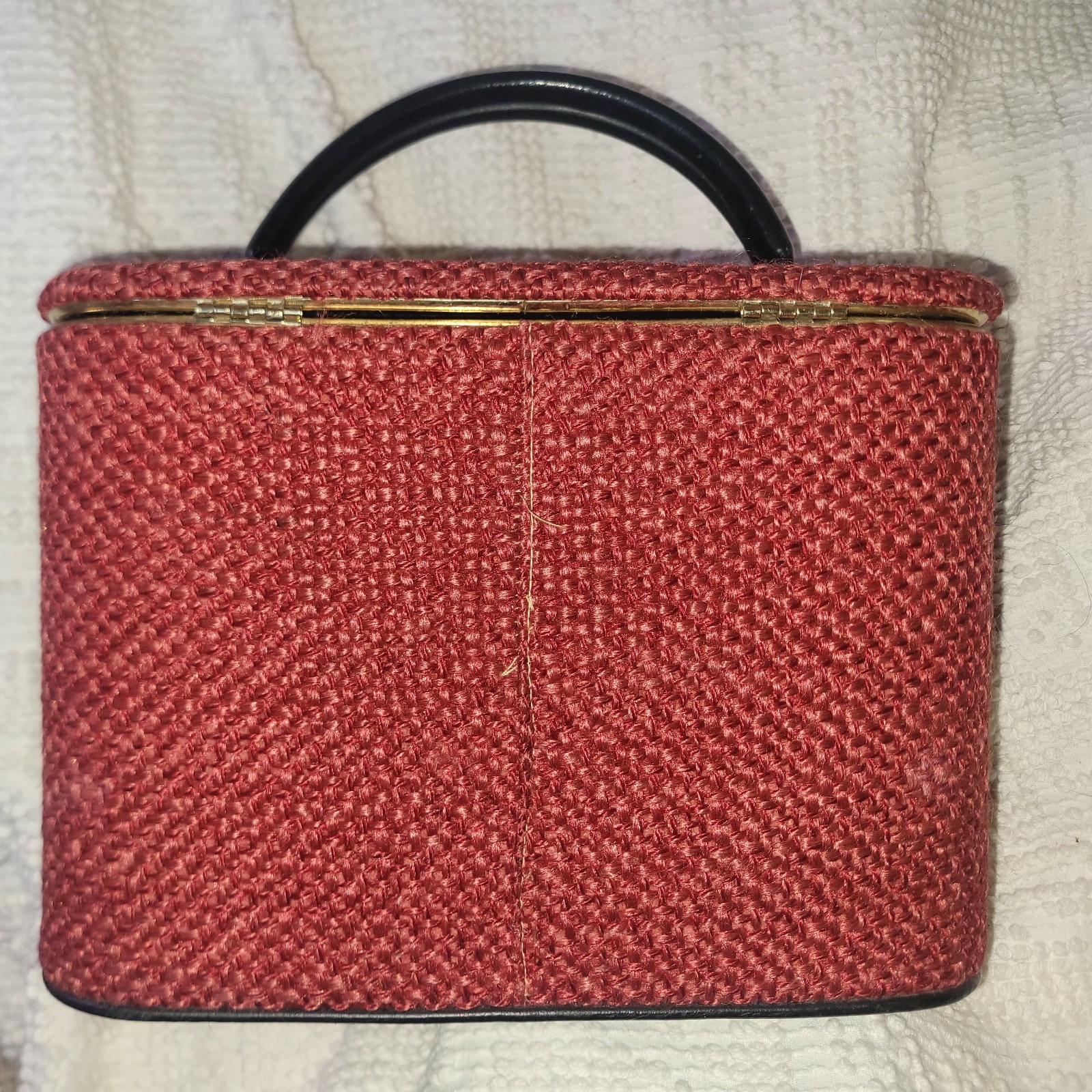 Vintage 60s Red Tweed Train Case Cosmetic Mirror READ Mod Top Handle