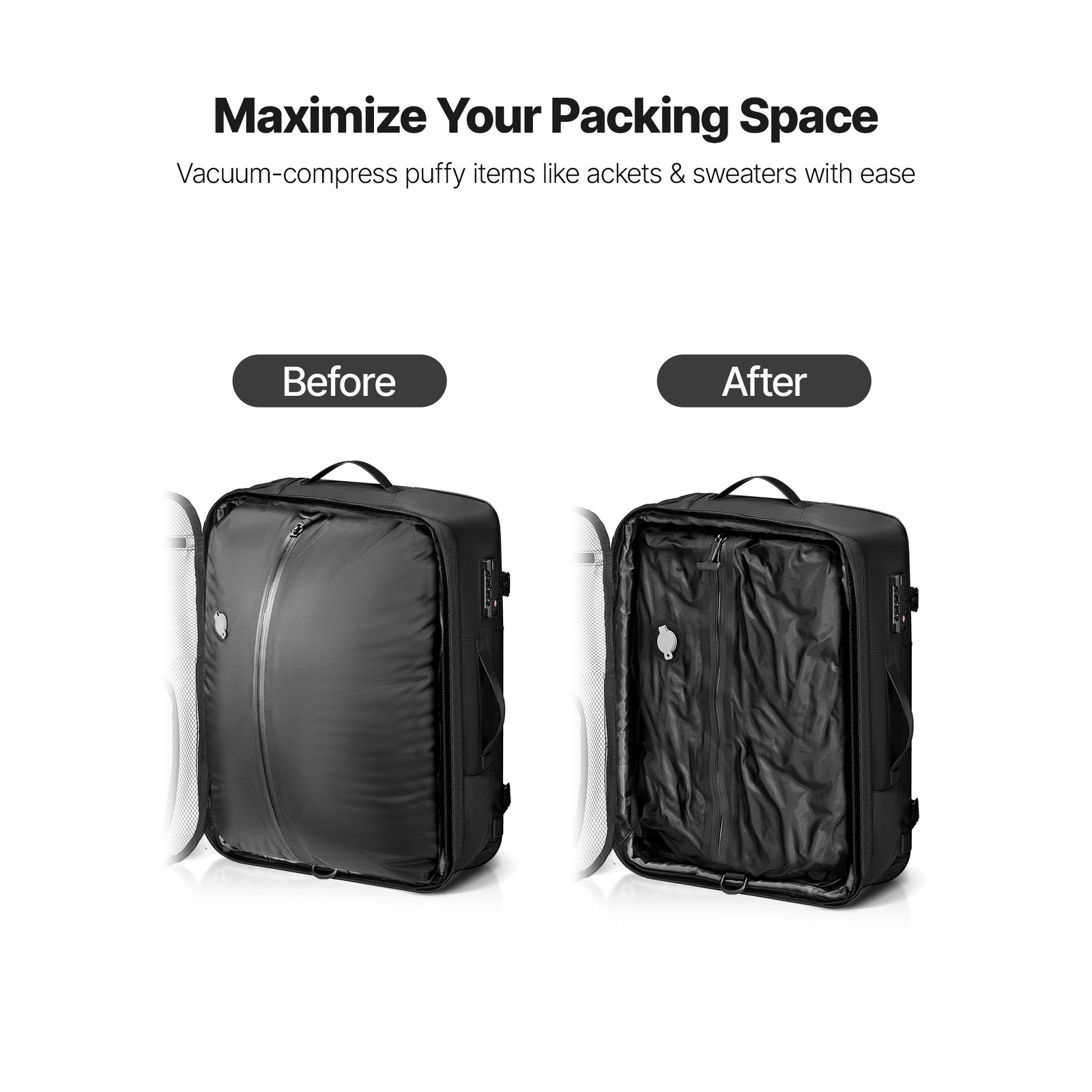 Uimoso 65L Travel Backpack with Vacuum Compression and Pump – Black
