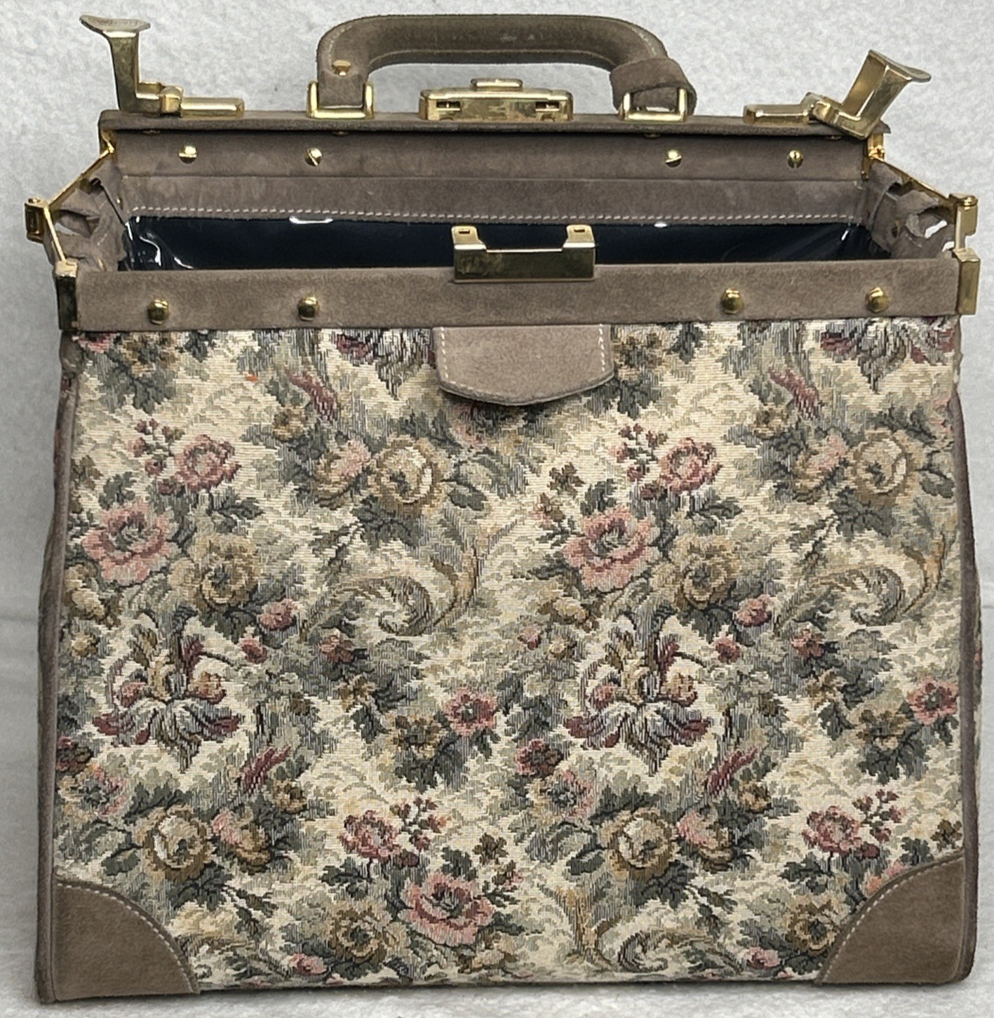French Luggage Co. Toiletry Jointed Bag Floral Rose tapestry Vintage Suede w/Key