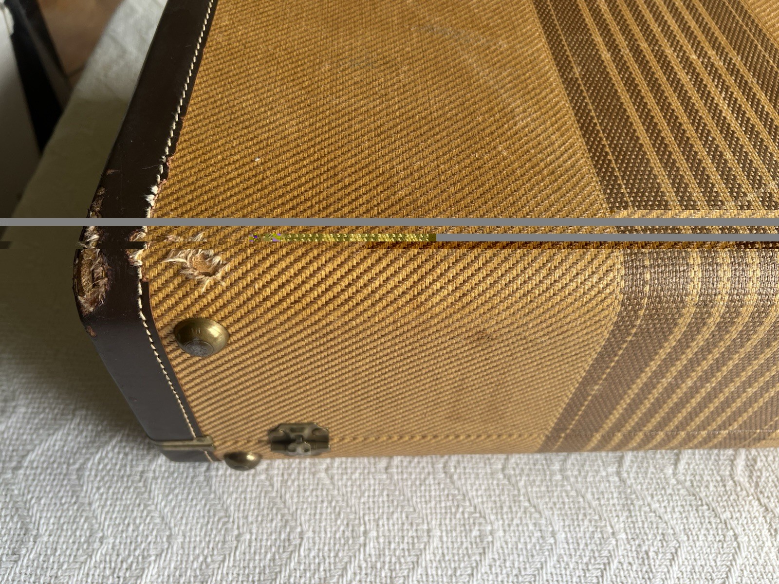 Vintage 1940–50 Striped Tweed Hard Shell Suitcase Brass Hardware Satin Interior