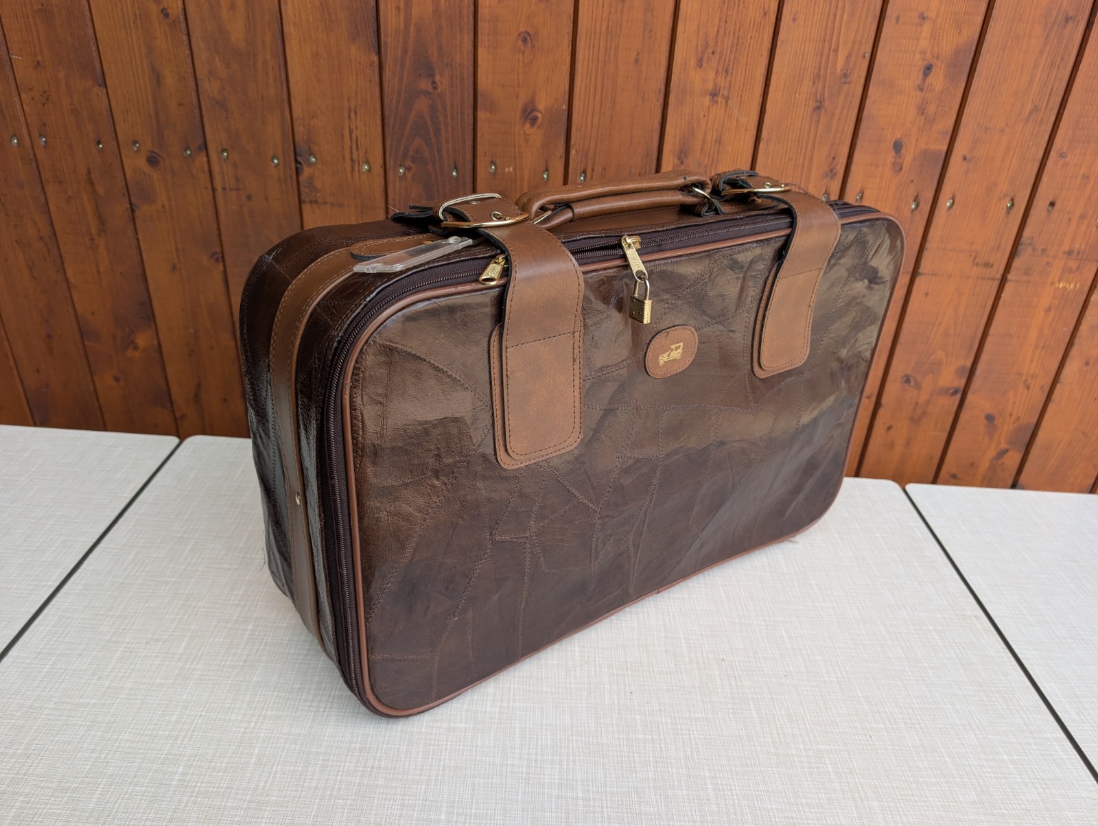 Vintage Retro Luggage 70s Genuine Leather Brown Mid Century Weekender 16
