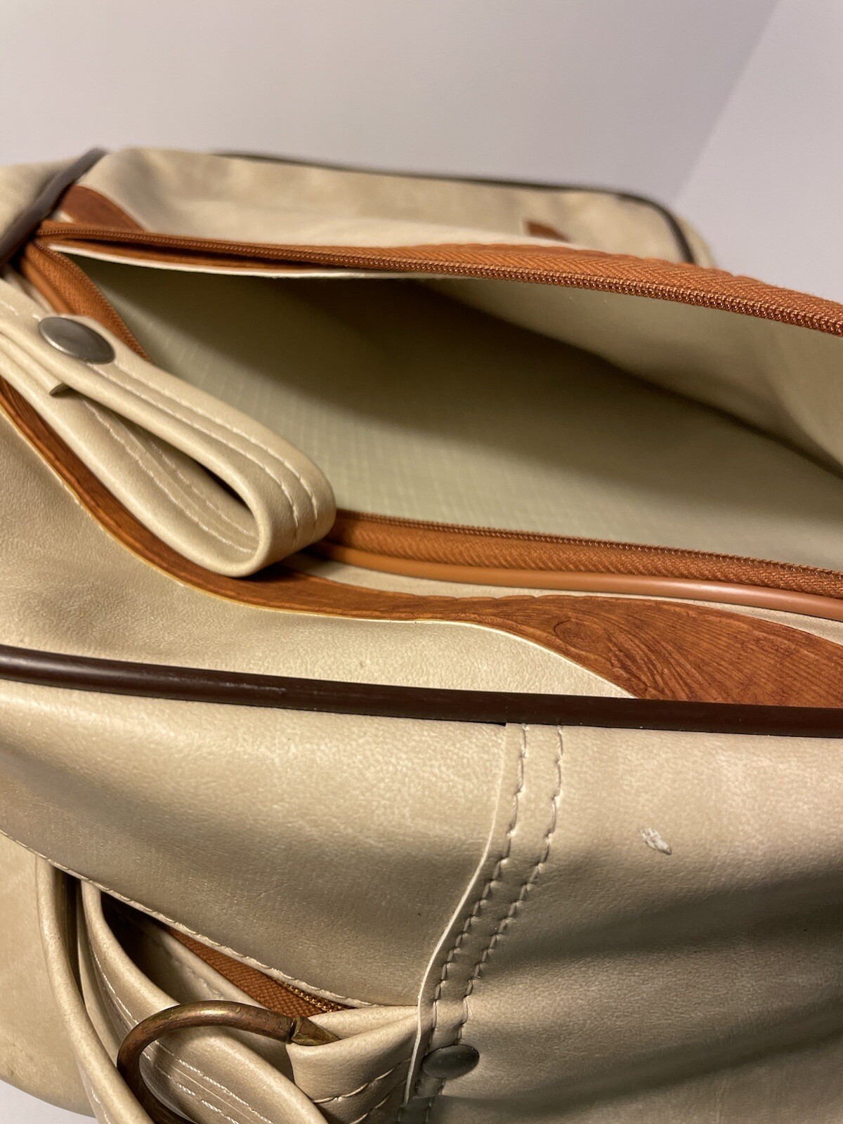 Ajay Carry On Travel Bag Retro Leather Brown Beige MCM 17” x 11” Small Vintage