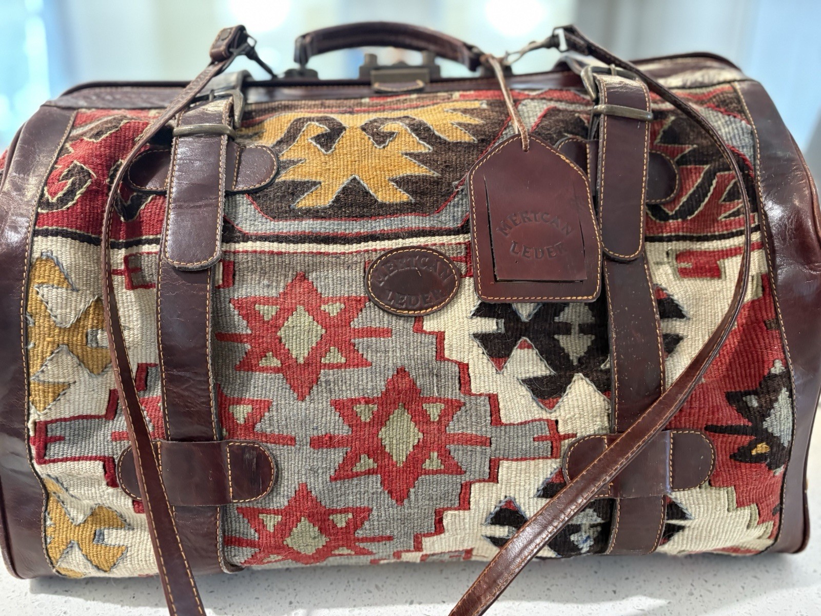 Vintage Leather & Kilim Carry On Travel Weekender Luggage Carpet Bag Overnight