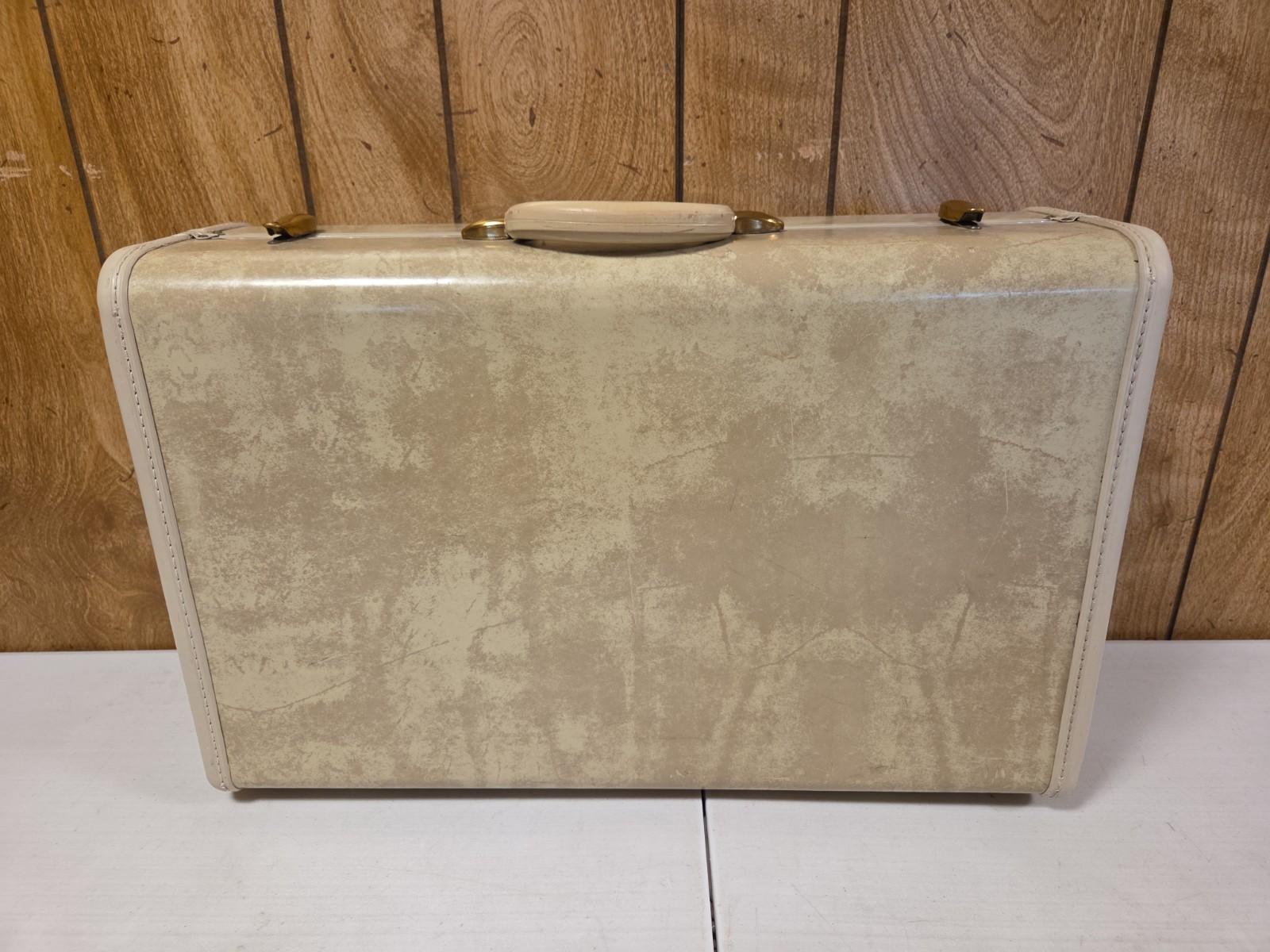 Vtg 1950s Samsonite Suitcase 21” Cream Marbled Hard Side Suitcase Retro No Key