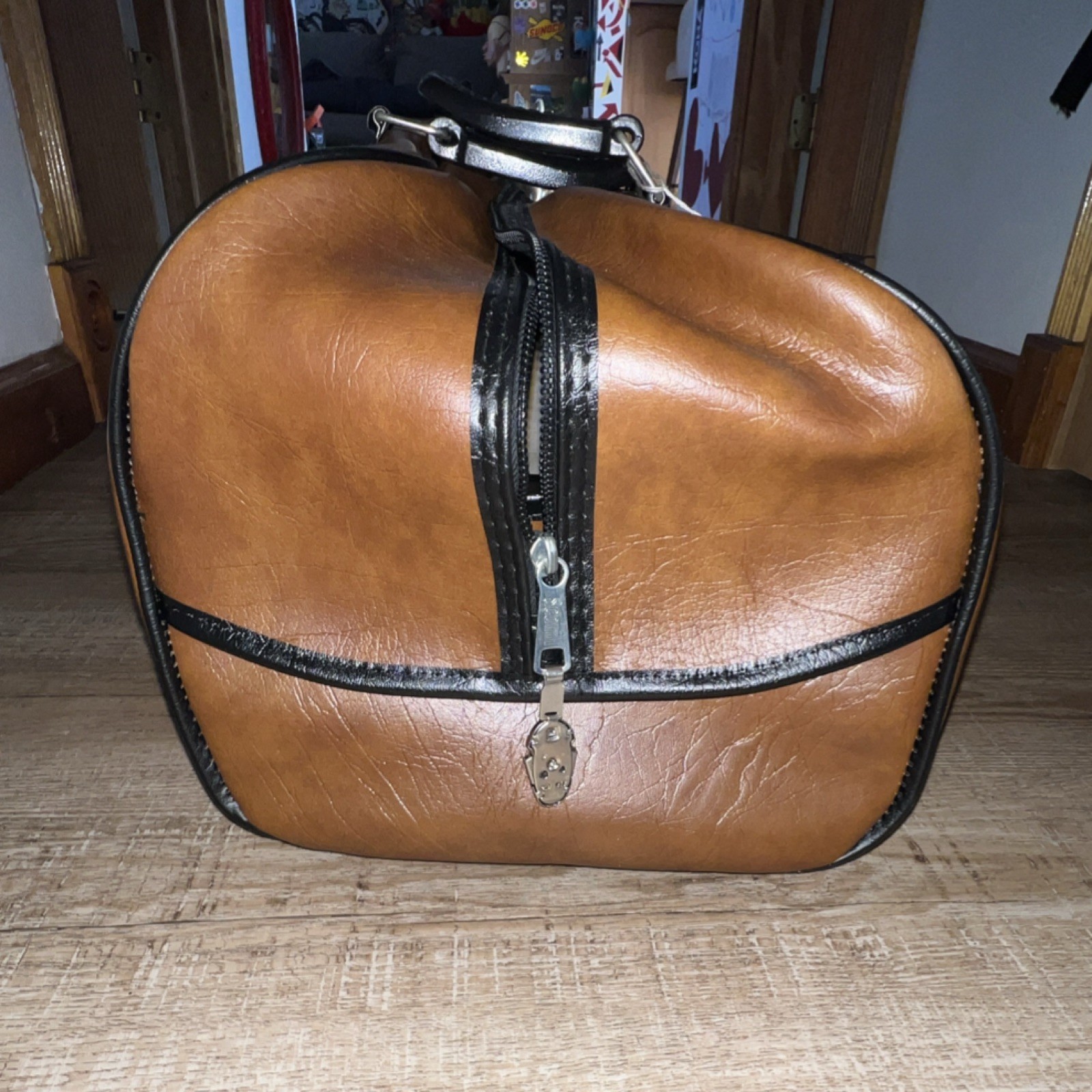 Atlantic Brown & Black Faux Leather Duffle Holdall 1980s Locking Compartment