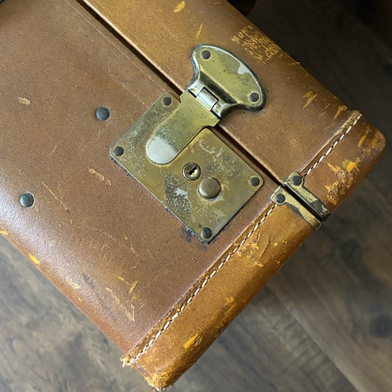 1940s Genuine Cowhide Leather Suitcase Tweed Interior Designer Prop Luggage ￼￼