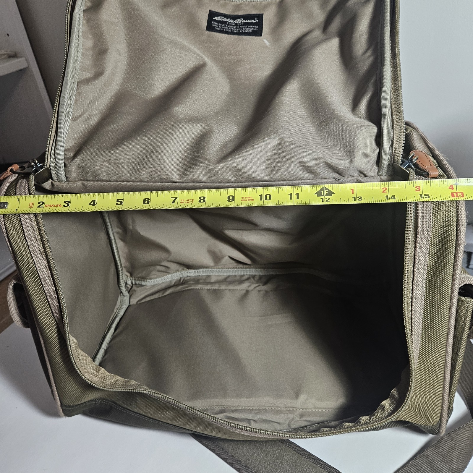 Eddie Bauer Weekender Canvas Olive Green Leather Trim Travel Bag.