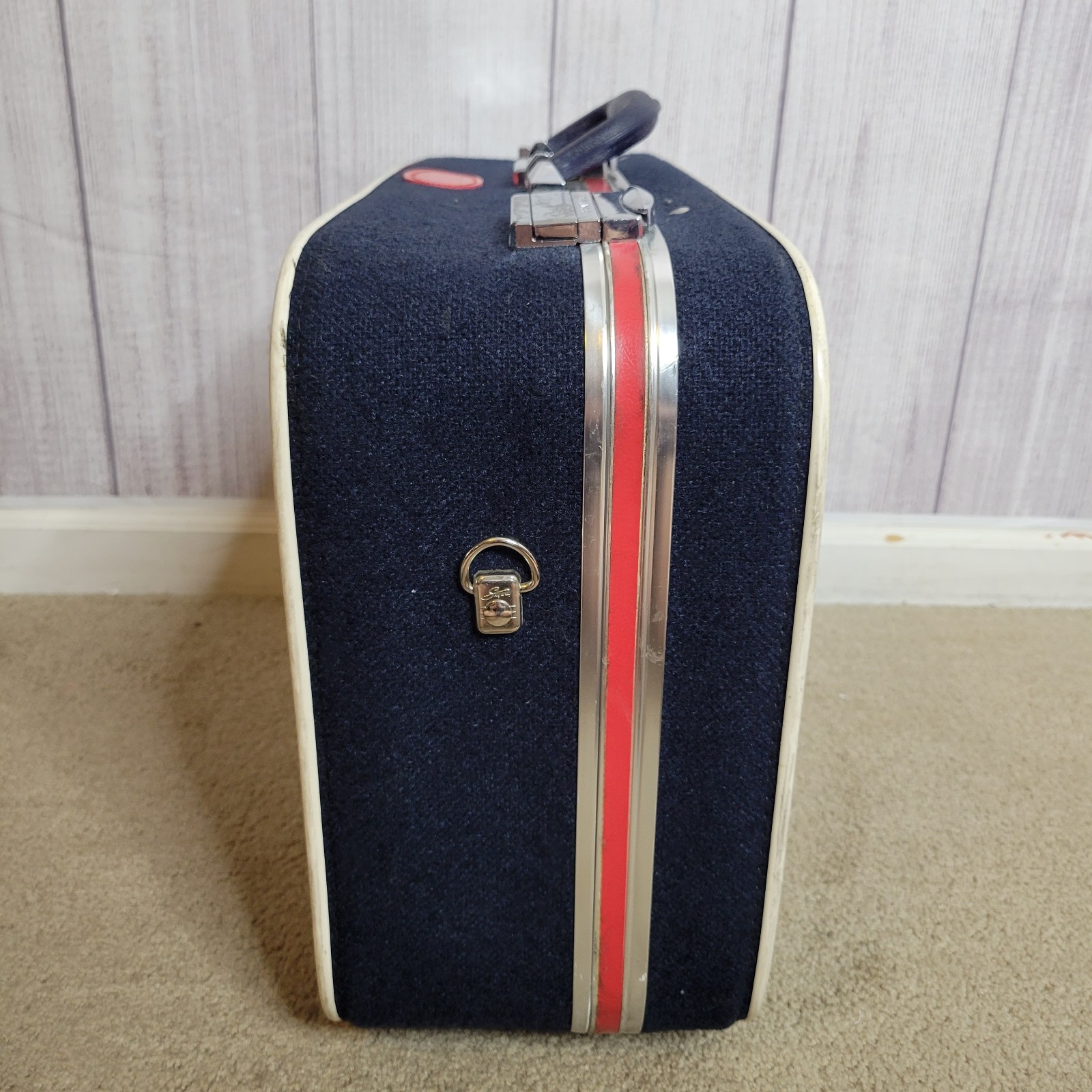 Vintage 60s 70s Skyway Luggage 2 Pc Set – Navy & Red Stripe Spinner Wheels Retro