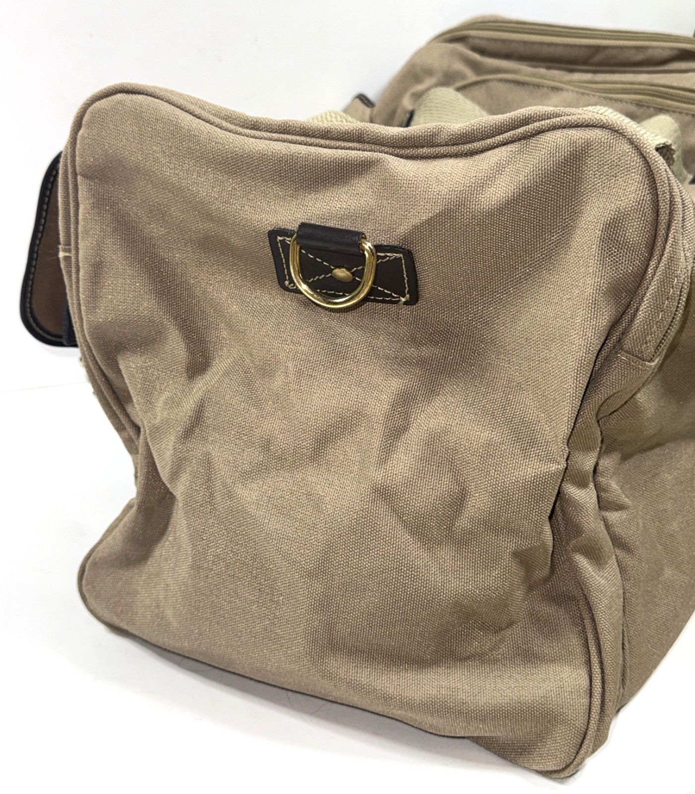 VTG Eddie Bauer Ford Motor Co Tan Canvas Leather Duffle Bag Travel Carry-on 19″