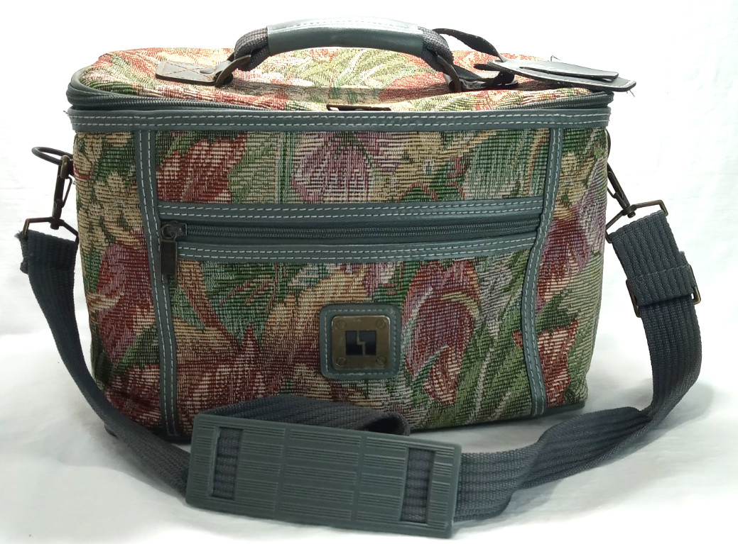 Vintage 80s LIESURE Vanity Train Case Cosmetic Bag Green Floral Tapestry Fabric