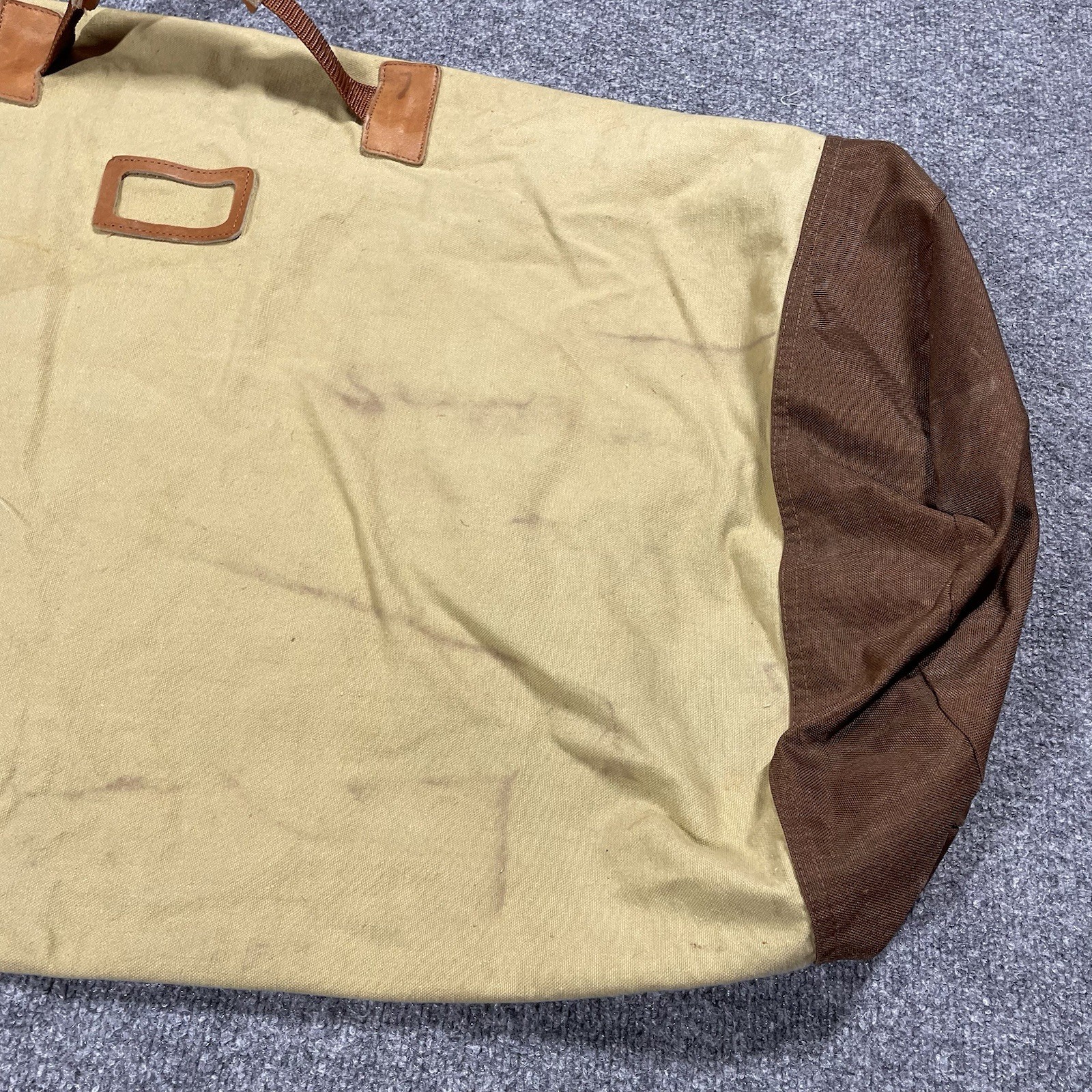 VINTAGE Eddie Bauer Duffle Bag Large Canvas Laundry Sleeping Tote Leather Handle